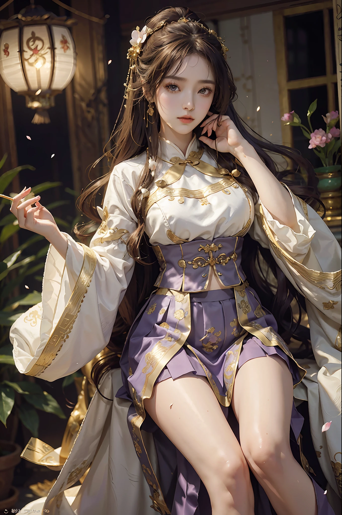 Superb Quality, Masterpiece, High Resolution, (Exquisite Body: 1.5), Extra Large Breasts (1.5) Stunning Beauty, (Milky Skin: 1.3), Exquisite Details, High Resolution, Wallpaper, 1 Woman, Solo, Dress, Hair Accessories, (((Golden Purple Skirt)) ), Flower, Long Hair, Brown Hair, Shut Up, Accessories, Long Sleeves, Raised Hands, Wide Sleeves, Big Eyes, Flowing Hair, Hanfu, Hanfu, Embroidery, Long Dress, Natural Pose, Falling Petals, Indoor, Fanning, Lantern, 16K, HDR, High Resolution, Depth of Field, (Film Grae: 1.1), Bocon, Primetime, (Lens Glow), Vignette, Rainbow, (Color Grading: 1.5)