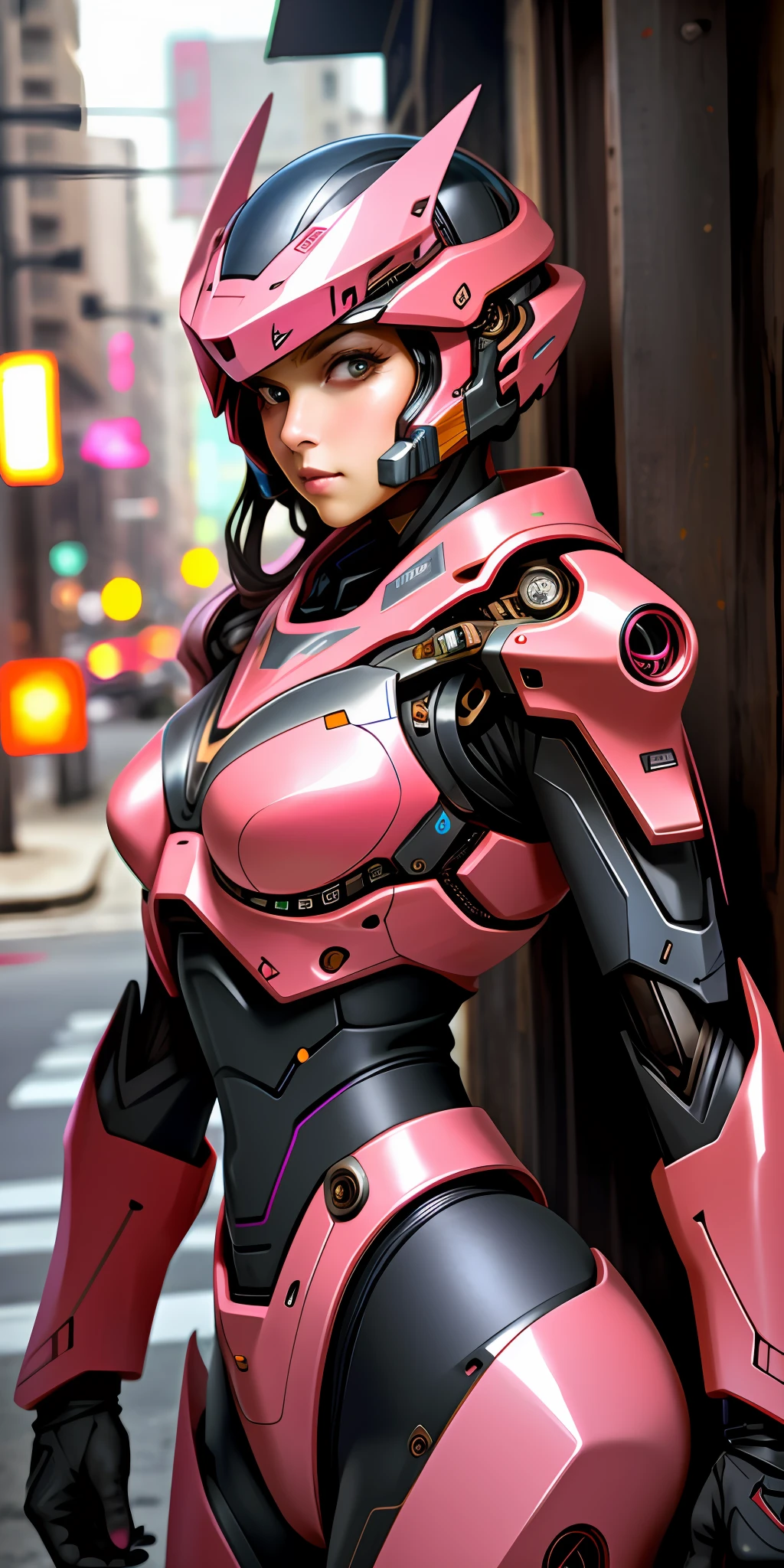 Portrait photo of a cute woman, perfect eyes, wearing mecha exosuit, (light bokeh)), complex, (pink painted steel metal [rust]), elegant, sharp focus, soft lighting, vivid colors, masterpiece, (((street)), detailed face, beetle motif