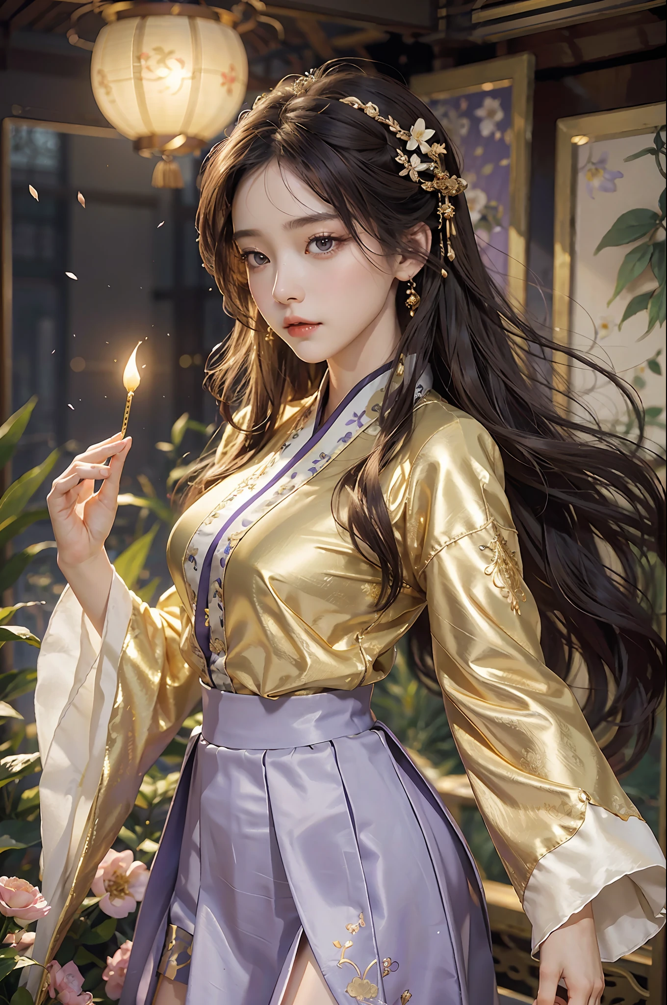 Superb Quality, Masterpiece, High Resolution, (Exquisite Body: 1.5), Extra Large Breasts (1.5) Stunning Beauty, (Milky Skin: 1.3), Exquisite Details, High Resolution, Wallpaper, 1 Woman, Solo, Dress, Hair Accessories, (((Golden Purple Skirt)) ), Flower, Long Hair, Brown Hair, Shut Up, Accessories, Long Sleeves, Raised Hands, Wide Sleeves, Big Eyes, Flowing Hair, Hanfu, Hanfu, Embroidery, Long Dress, Natural Pose, Falling Petals, Indoor, Fanning, Lantern, 16K, HDR, High Resolution, Depth of Field, (Film Grae: 1.1), Bocon, Primetime, (Lens Glow), Vignette, Rainbow, (Color Grading: 1.5)