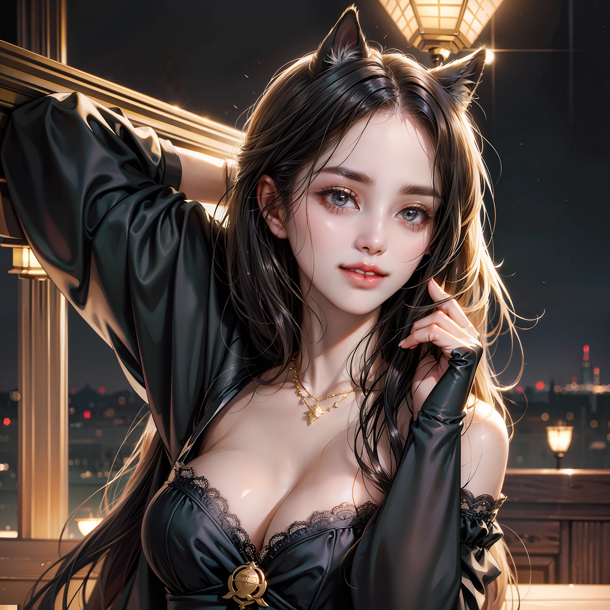 (absurd, high resolution, super detail), face close-up, face emphasis, face-oriented, single woman, long straight hair, shiny beautiful hair, beautiful skin, luscious skin, beautiful eyes, big eyes, with bangs, long sleeves, eye highlights, unbroken hands, rich lighting, large breasts, pale pink lips, by high definition CG Uniform 8K Wallpaper, Attention to Detail, Portrait, Gaze, Solo, Half Shot, Detailed Face, Smile, Dynamic Pose, (Modern Japanese Subject: 1. 1), Cat Ear, Black Dress, Black Gloves, Lace Dress, Contemporary Subject, (Thriving Civilization: 1.1), (Pure White: 1.1) Building, Neon, Roppongi Dancing lights, Kabukicho, Japanese landscape, fantasy, romantic, austere, night, darkness, stars, portrait, film lighting, necklace, date scene
