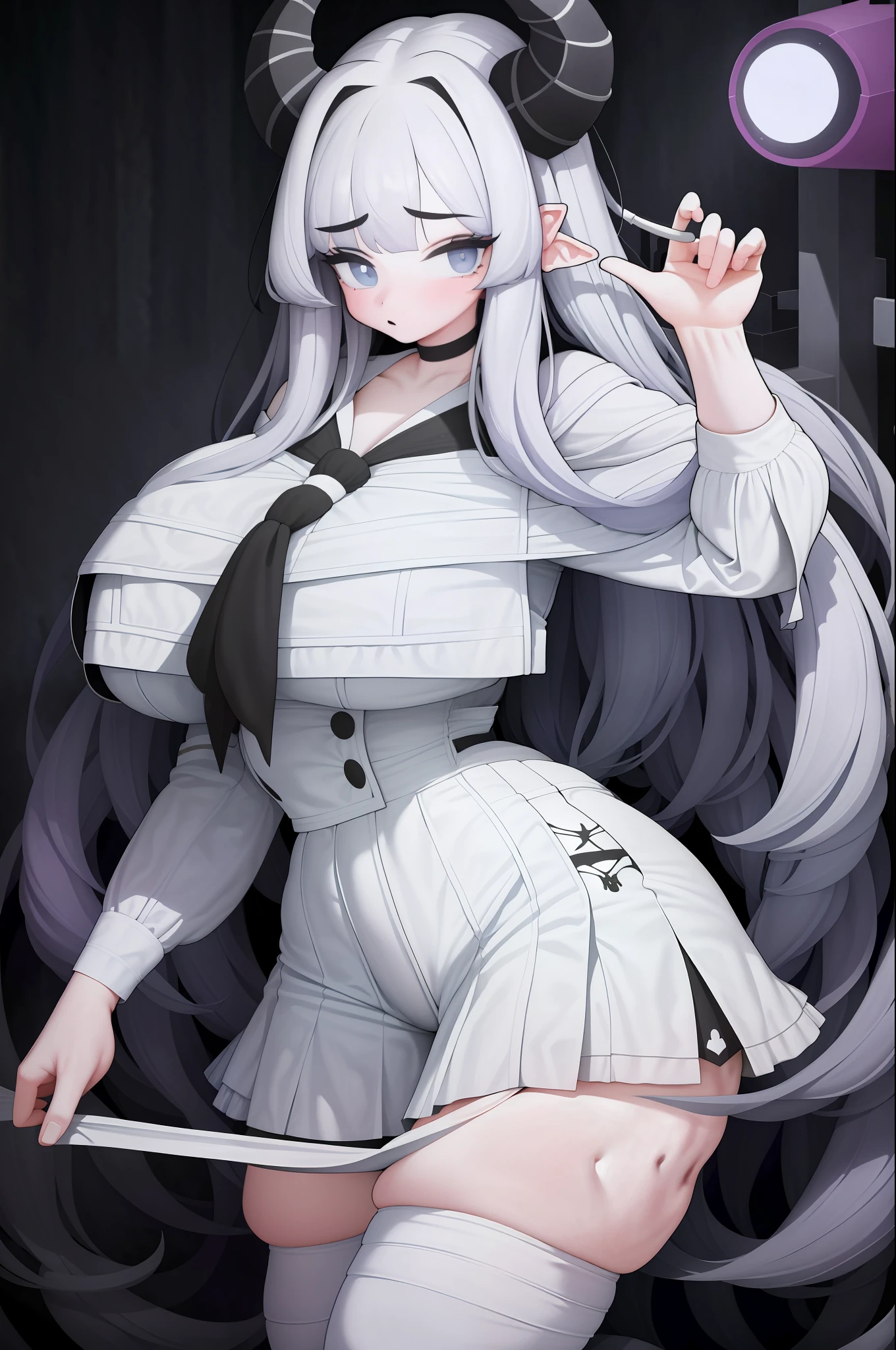 1girl, solo, standing, upper body, gray hair, long hair, curly hair, messy hair, (blunt bangs:1.2), horn, horn, white horn, blue eyes, looking at the audience, choker, purple shirt, white skirt, purple stockings, (skindentation:1.2), curvy, big breasts, covering, (white background, simple background: 1.4), wlsdnjs950, (thick line: 1.2),