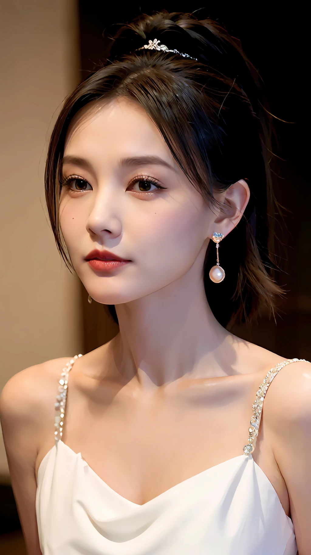 jewelry, solo, earrings, necklace, brunette hair, smile, single bun, (formal:1.6), reality, bun, bracelet, grin, ulzzang-6500v1.1, (original: 1.2), (reality: 1.3) , beautiful girl with beautiful details, extremely detailed eyes and face, eyes with beautiful details, ridiculous, incredibly ridiculous, huge file size, ultra detail, high resolution, super detailed, best quality, masterpiece, Illustrations, super detailed and beautiful, super detailed, CG, unity, 8k wallpaper, amazing, fine detail, masterpiece, top quality, official art, extremely detailed CG Unity 8k wallpaper, cinematic lights, (perfect shiny skin:0.6), slender and smooth lines, (floating), (small breasts: 1), earrings, ((to be 100% similar to the model)))), (((full body photo)))