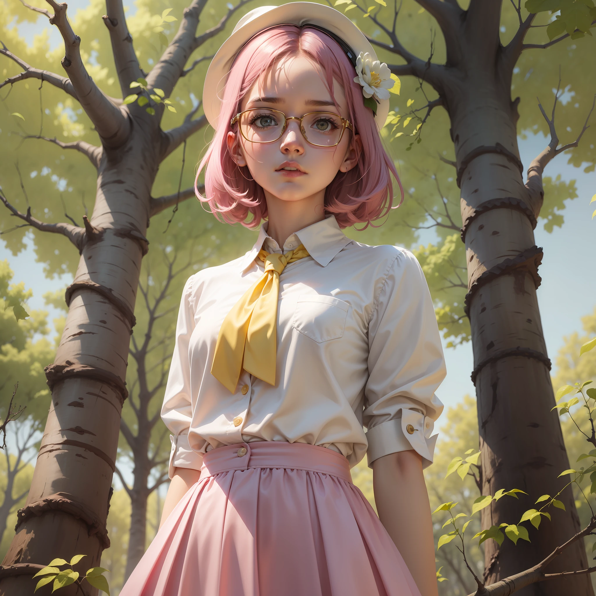A girl wearing yellow glasses and white tie on the pink top standing on the dead tree