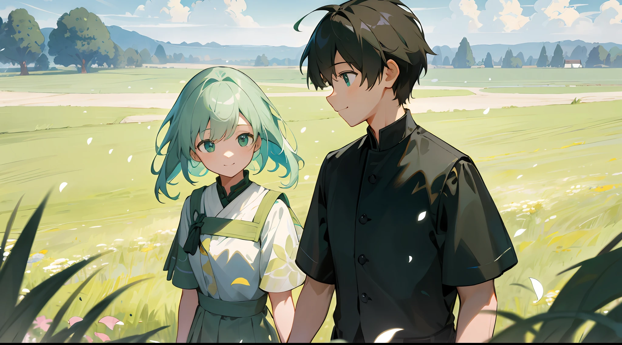 Masterpiece, best quality, extremely detailed CG Unity 8k wallpaper, super detailed, high resolution, upper body, depth of field, extremely detailed eyes and face, smile, boys and girls walking side by side, in the grassland, green fields, grass, plants, flowers, petals
