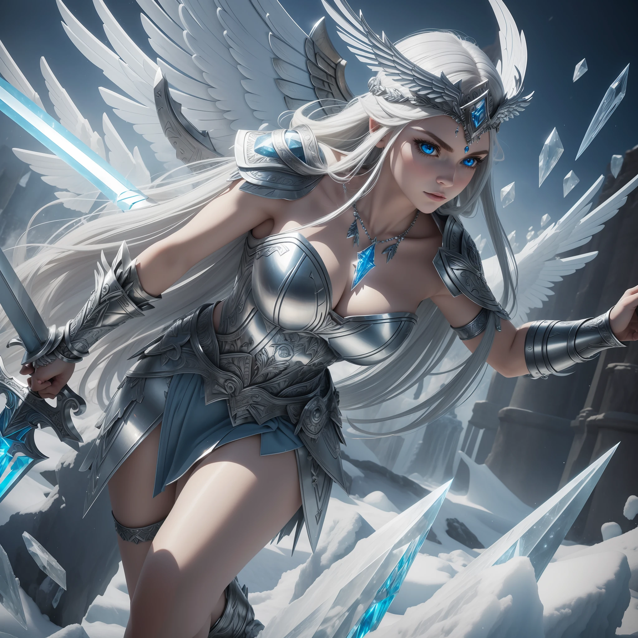 ((Best Quality)), ((Masterpiece)), (Details: 1.4), 3D, 8K RAW, Valkyrie, Long Silver Hair, Ice Crystal Blast, Ice Wings, Hand Ornament, Necklace, Sword in Right Hand, Shield in Left Hand, Headdress, Big Blue Eyes