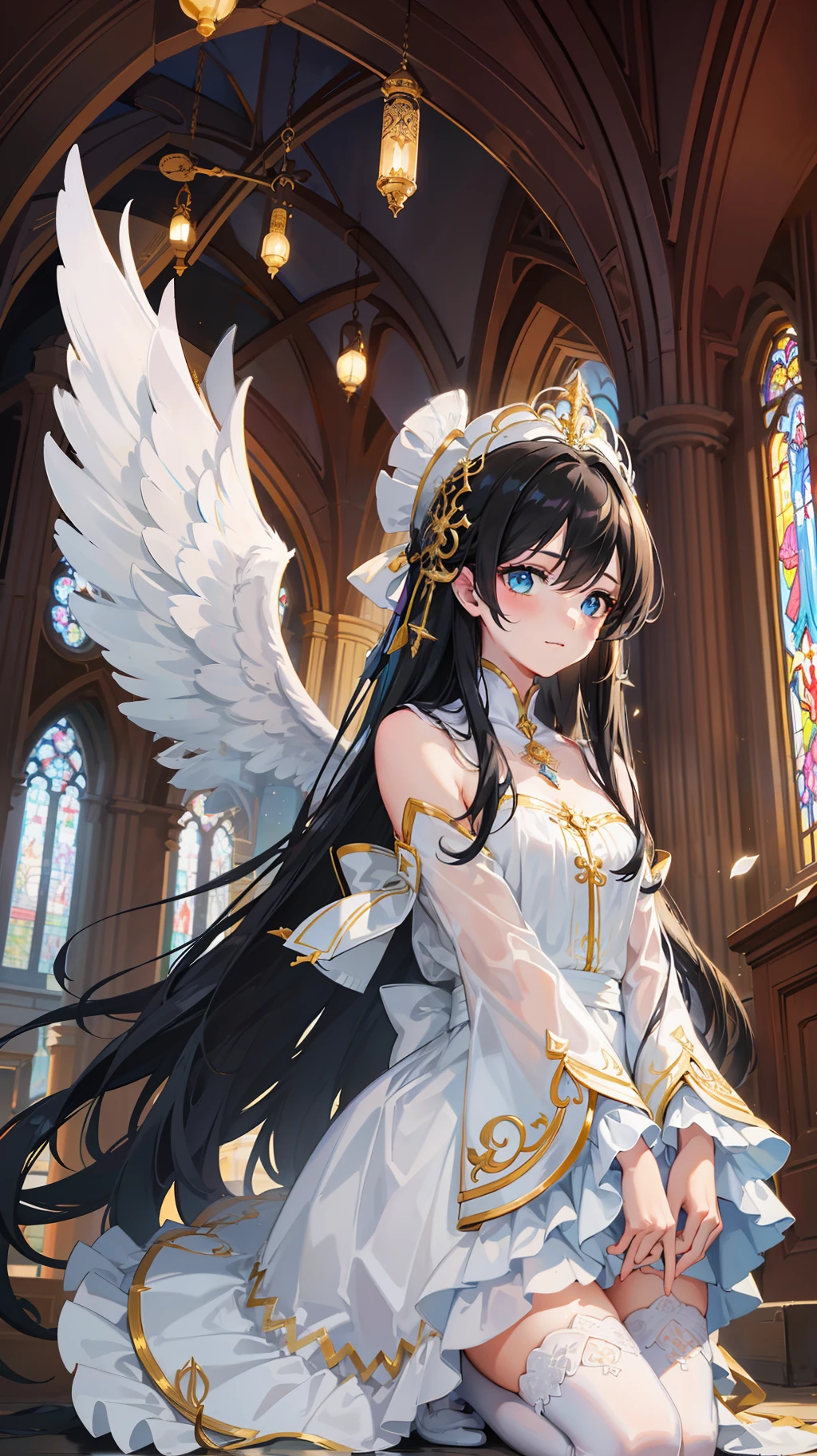 Two-dimensional, a girl, girl, fair skin, black hair, hair between the eyes, long hair, scattered, hair blown up by the wind, green eyes, deep eyes, big watery eyes, smile, gentle, sister fan, sister, white angel wings, white angel halo, angel, white angel feather skirt, white stockings, white chain high heels, high-grade lighting, exquisite picture, exquisite eyes, best shadow, best picture quality, best light, rich details, atmosphere, high resolution, masterpiece, church, Holy, prayer, rich details, beautiful background, full body shot, face optimization, eye optimization
