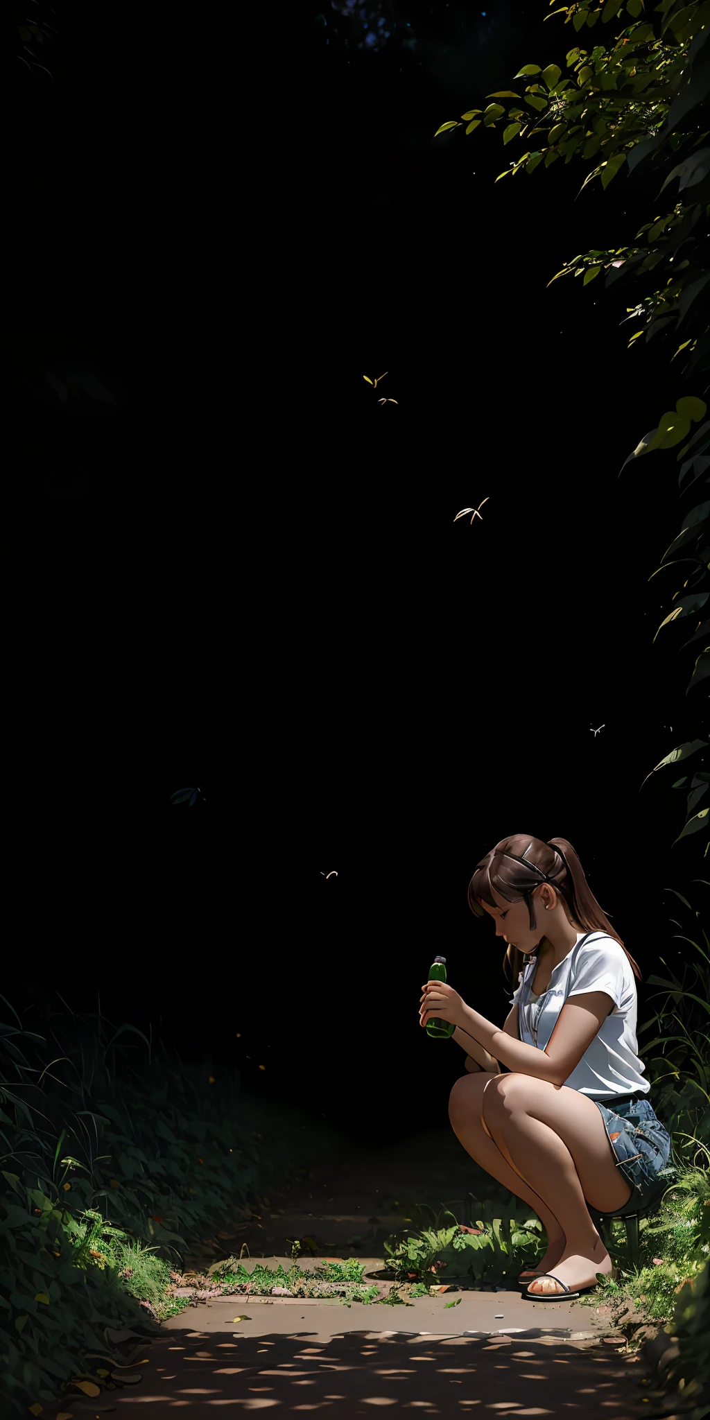 Insect World, Leaves, Meadow, Jungle, A Girl (8k, RAW Photo, High Sensitivity, Best Quality, Masterpiece, Ultra High Resolution, Realisticity: 1.25), A Girl, Tears, Sad, Side Squatting to the Right, Crawling on Legs, Not Leaking Face, Country Road, Dark Night Street Light Moon, Beer Bottle
