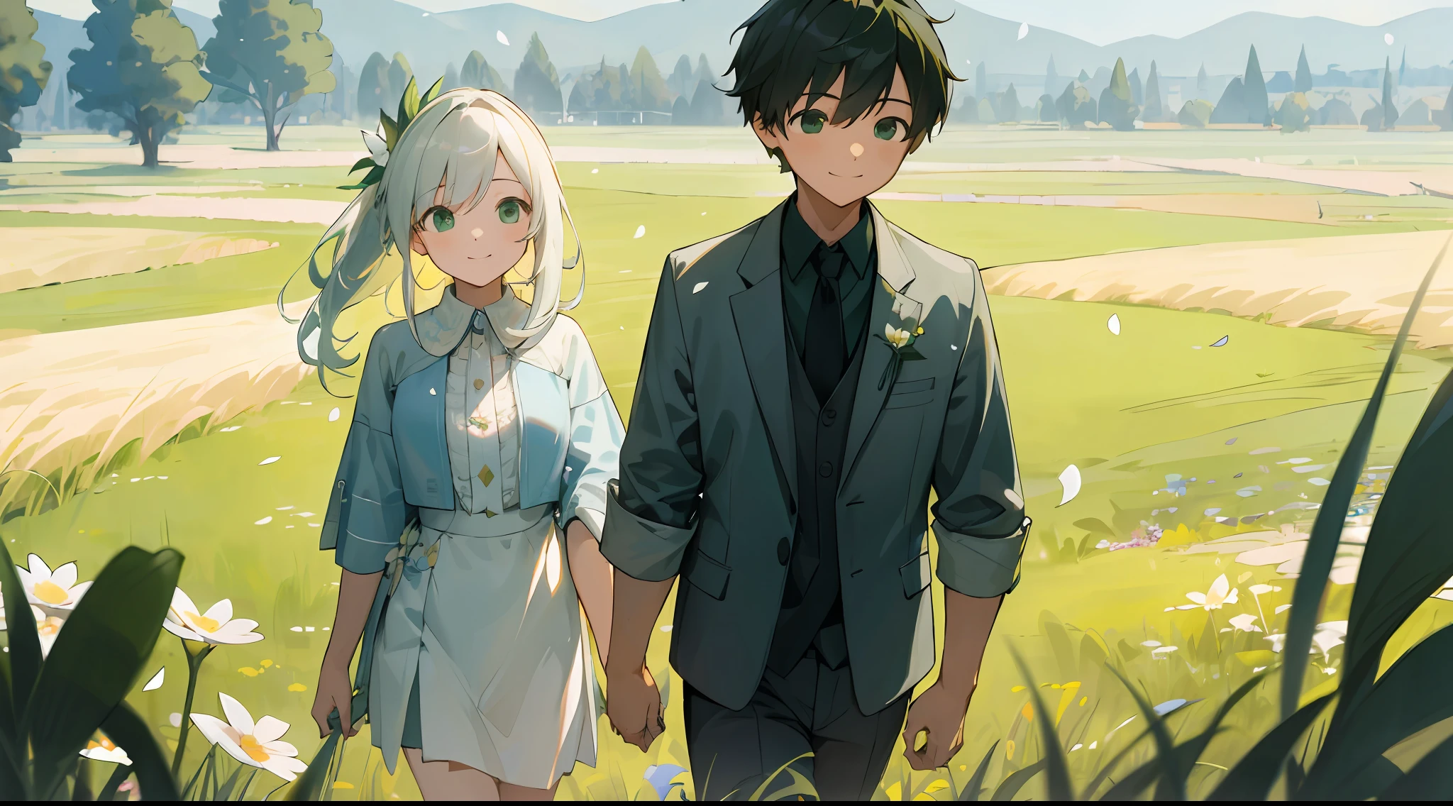(Masterpiece), (Best Quality), Extremely Detailed CG Unity 8k wallpaper, Ultra detailed, High resolution, upper body, depth of field, smile, boy and girl walking together, walking on grassland, green fields, grass, plants, flowers, petals