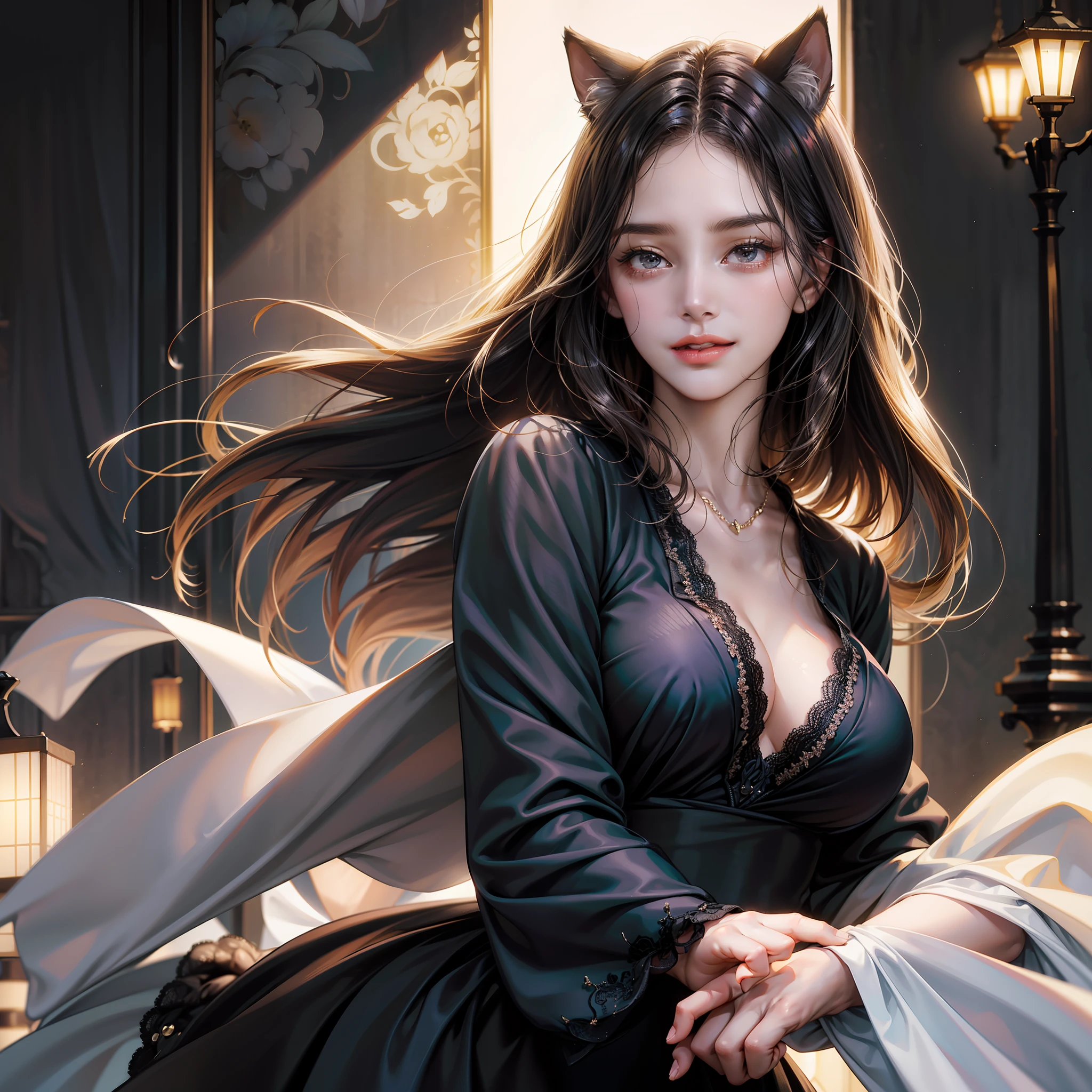 (absurd, high resolution, super detail), face close-up, face emphasis, face-oriented, single woman, long straight hair, shiny beautiful hair, beautiful skin, luscious skin, beautiful eyes, big eyes, with bangs, long sleeves, eye highlights, unbroken hands, rich lighting, large breasts, pale pink lips, by high definition CG Uniform 8K Wallpaper, Attention to Detail, Portrait, Gaze, Solo, Half Shot, Detailed Face, Smile, Dynamic Pose, (Modern Japanese Subject: 1. 1), Cat Ear, Black Dress, Black Gloves, Lace Dress, Contemporary Subject, (Thriving Civilization: 1.1), (Pure White: 1.1) Building, Neon, Roppongi Dancing lights, Kabukicho, Japanese landscape, fantasy, romantic, austere, night, darkness, stars, portrait, film lighting, necklace, date scene