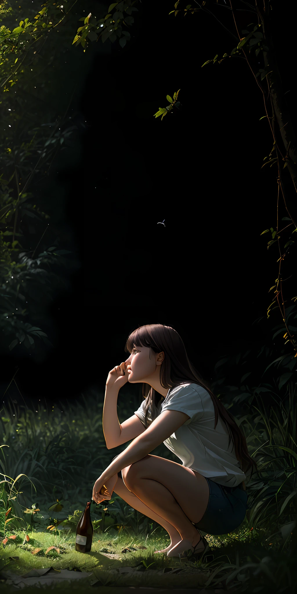 Insect World, Leaves, Meadow, Jungle, A Girl (8k, RAW Photo, High Sensitivity, Best Quality, Masterpiece, Ultra High Resolution, Realisticity: 1.25), A Girl, Tears, Sad, Side Squatting to the Right, Crawling on Legs, Not Leaking Face, Country Road, Dark Night Street Light Moon, Beer Bottle