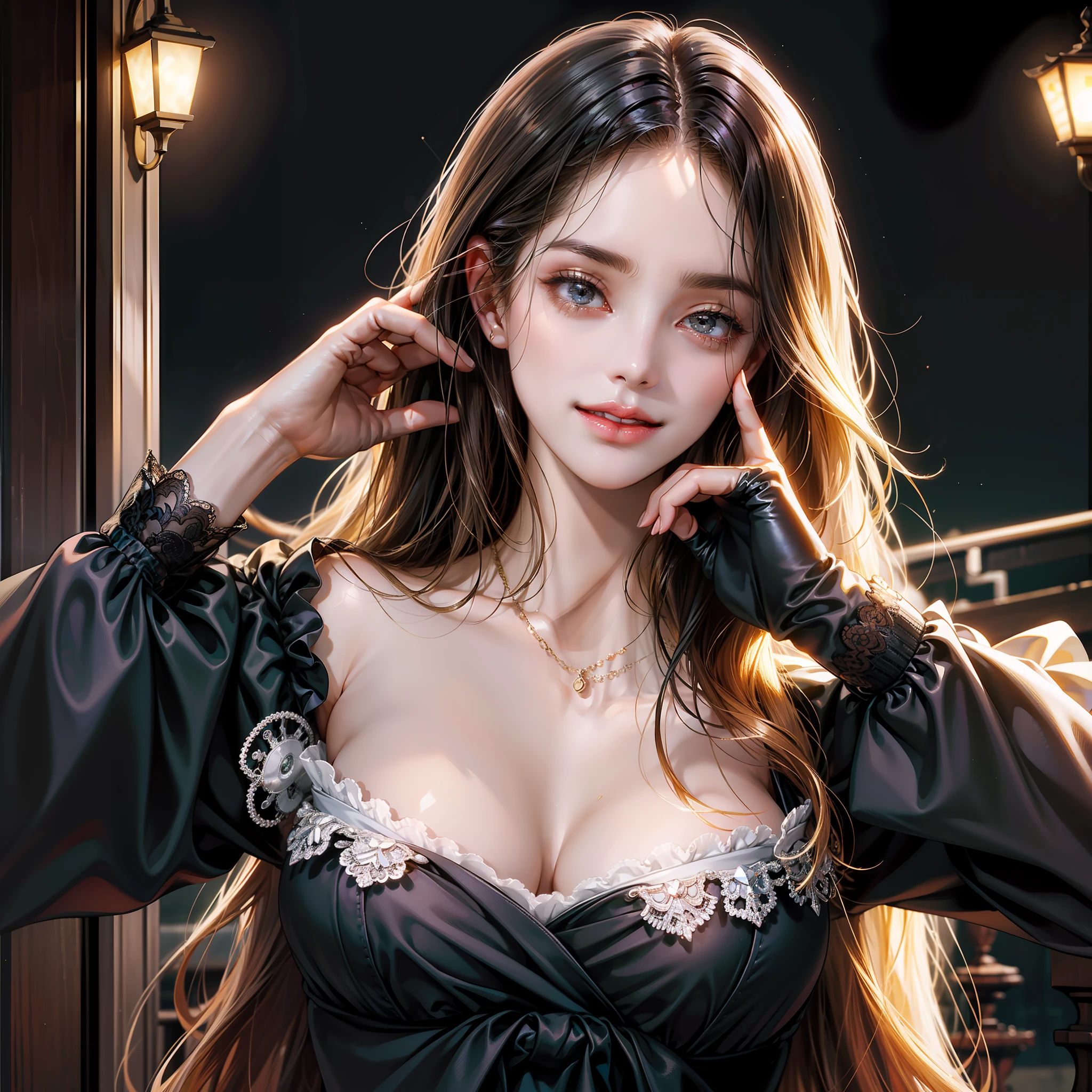 (absurd, high resolution, super detail), face close-up, face emphasis, face-oriented, single woman, long straight hair, shiny beautiful hair, beautiful skin, luscious skin, beautiful eyes, big eyes, with bangs, long sleeves, eye highlights, unbroken hands, rich lighting, large breasts, pale pink lips, by high definition CG Uniform 8K Wallpaper, Attention to Detail, Portrait, Gaze, Solo, Half Shot, Detailed Face, Smile, Dynamic Pose, (Modern Japanese Subject: 1. 1), Cat Ear, Black Dress, Black Gloves, Lace Dress, Contemporary Subject, (Thriving Civilization: 1.1), (Pure White: 1.1) Building, Neon, Roppongi Dancing lights, Kabukicho, Japanese landscape, fantasy, romantic, austere, night, darkness, stars, portrait, film lighting, necklace, date scene