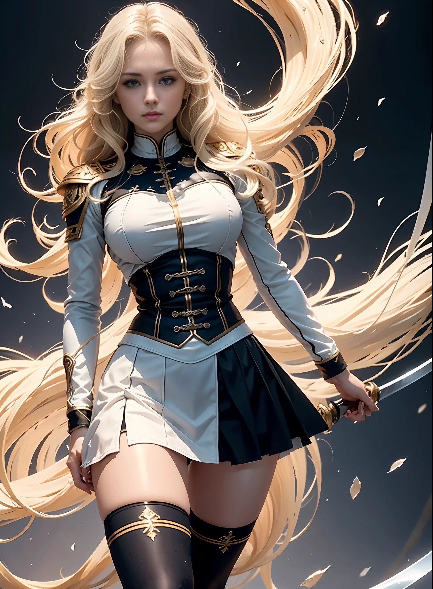 Top image quality, 8k, masterpiece, blonde girl with long curly hair, swordsman, white uniform, miniskirt, black tights, ideal muscles, perfect skeleton, honors,