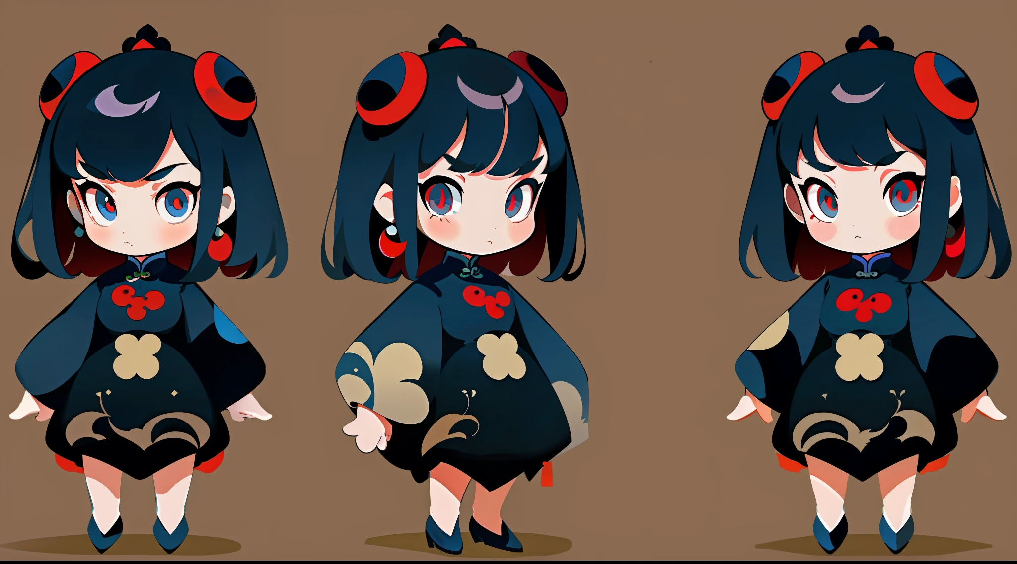 A stylish Chinese girl, gentle eyes, black pupils, red cheongsam, flat perspective, simple light, full body, standing, clean, vector art, character sheet, character design, concept art, cartoon, chibi, (masterpiece: 1.2), (best quality: 1.3), (minimalism)