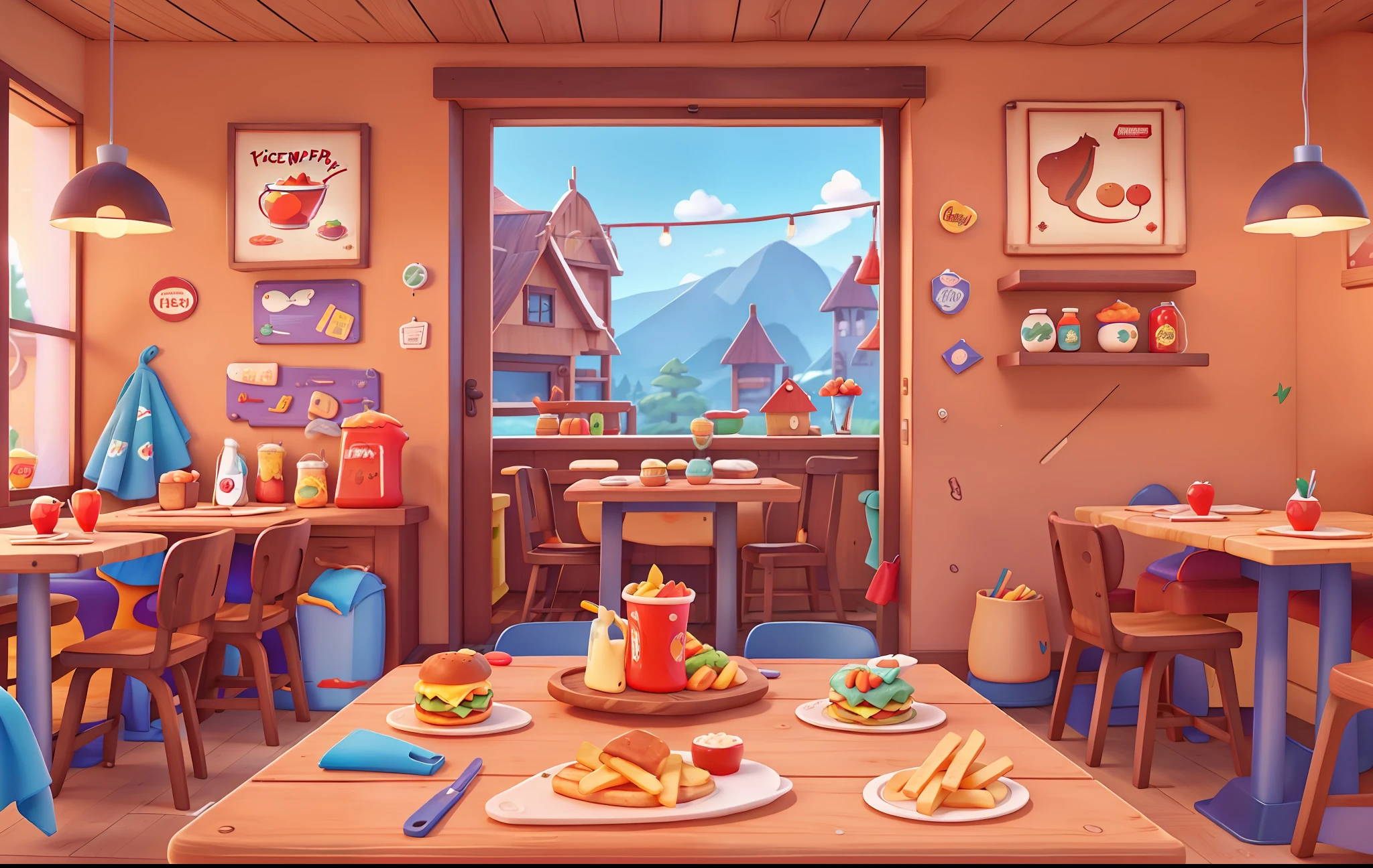 Western food, ketchup, wood chopping board fries, 45 degree angle Pixar style, Disney style, cartoon, bright colors, perfect details, objects, UI, restaurant in the background