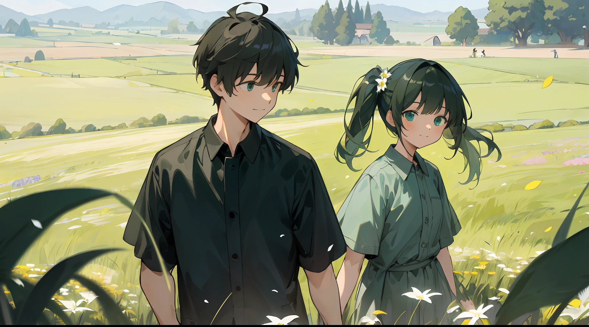 Masterpiece, best quality, extremely detailed CG Unity 8k wallpaper, super detailed, high resolution, upper body, depth of field, extremely detailed eyes and face, smile, boys and girls walking side by side, in the grassland, green fields, grass, plants, flowers, petals