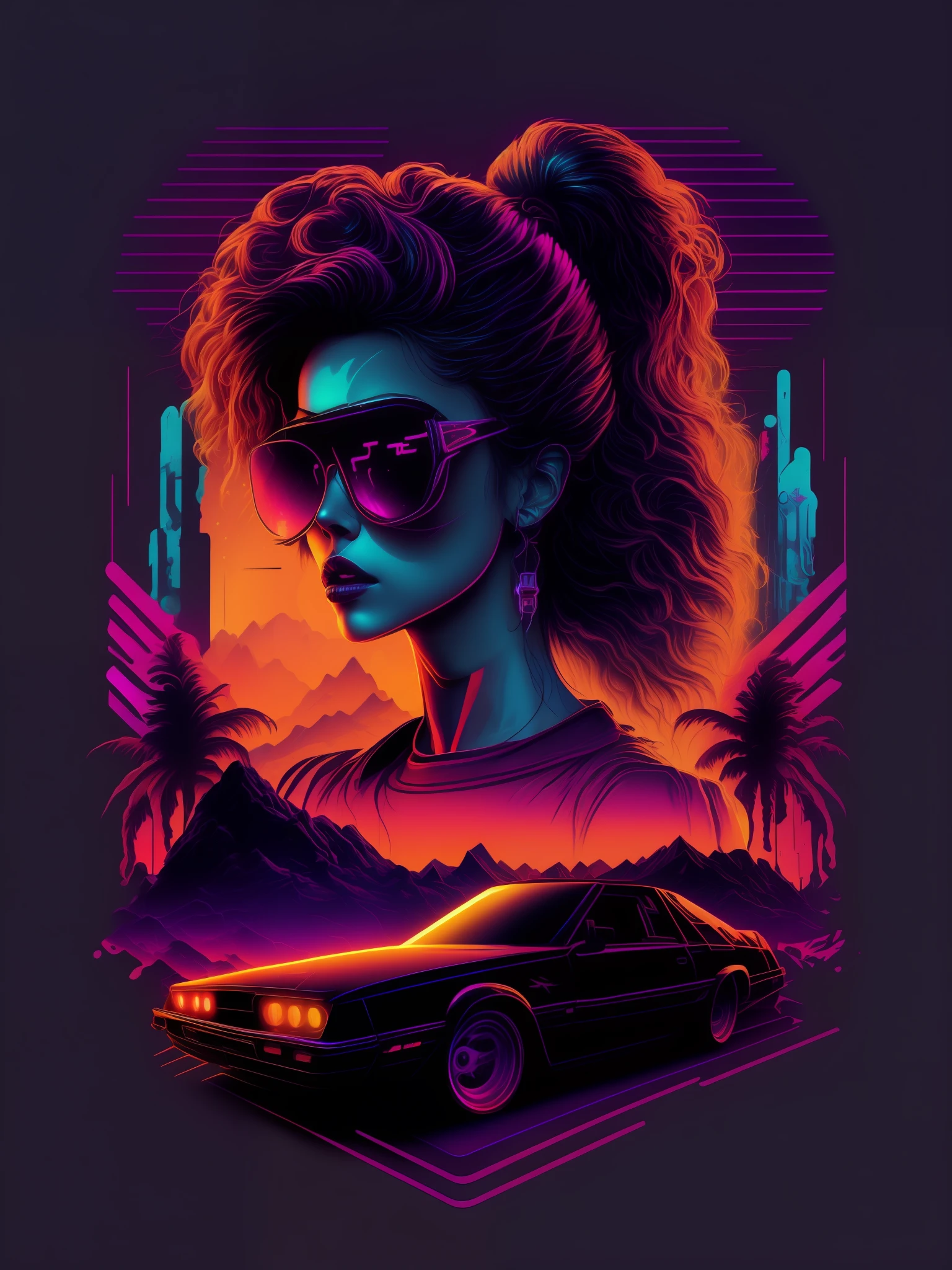 Hot Girl, car, vectorized, synthwave, purple blue red orange, bright neon colors on a dark background,