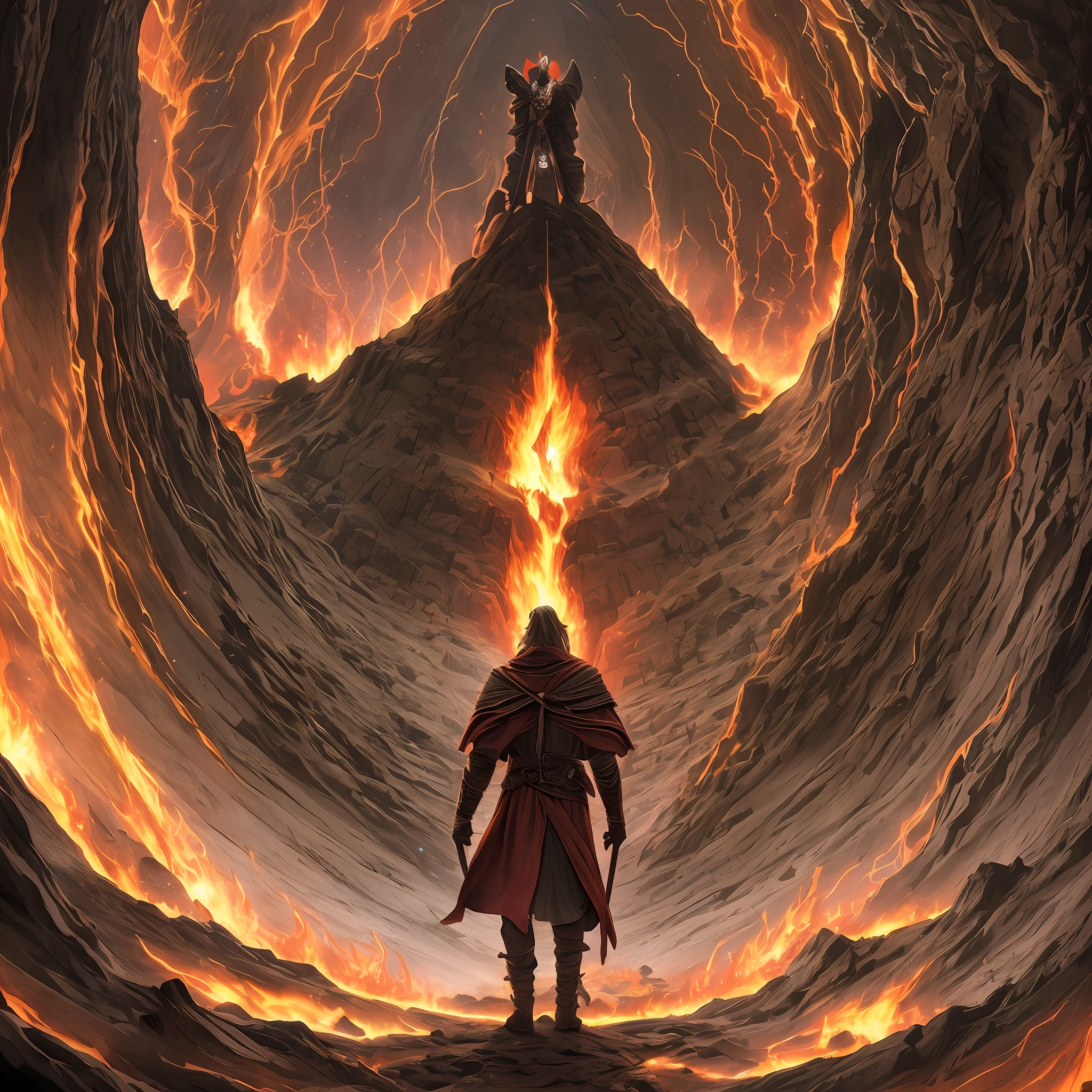 nghtmre, Dante's Hell, fire, demons, inside the infernal crater, highly detailed, Virgil wearing a long tunic standing in front of Dante with a torch in his hand, perfect photo, clean scene, hard light, high resolution photo, 4k --auto --s2