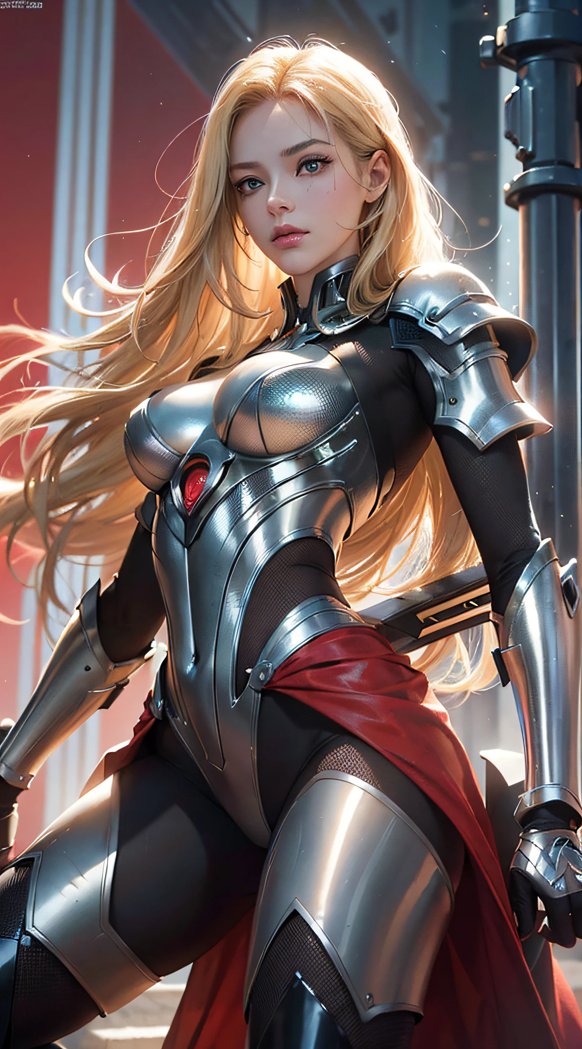 masterpiece, original photo, best quality, movie, movie wallpaper, very detailed CG unified 4k wallpaper, intricate details, red background, upper body, facial focus, concept art, ( , highres, (realistic, photo-realistic:1.2), physically-based rendering, machinery, reflection, realistic, cyberpunk, symmetric front view close up head shot eyes symmetry face very sharp focus realistic award winning matte drawing movie lighting mecha, (Illustration: 1.1), slim, fair skin, delicate face, king robe, shine, tights, (long blonde hair), green eyes, battlefield, chip, shine, sword --auto --s2