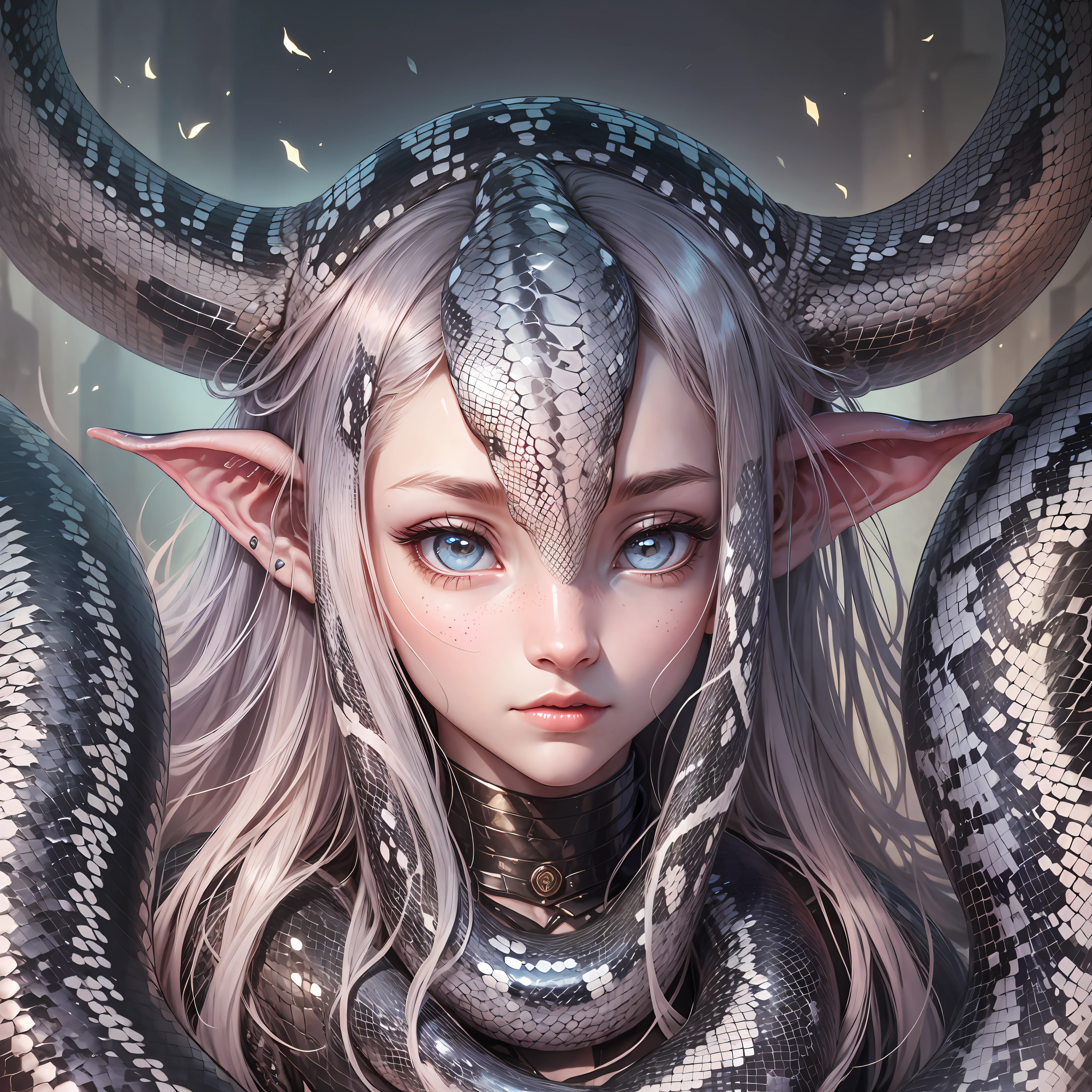 Delicately scaly ears, two horns on the head, snake-like body, bright eyes --auto --s2