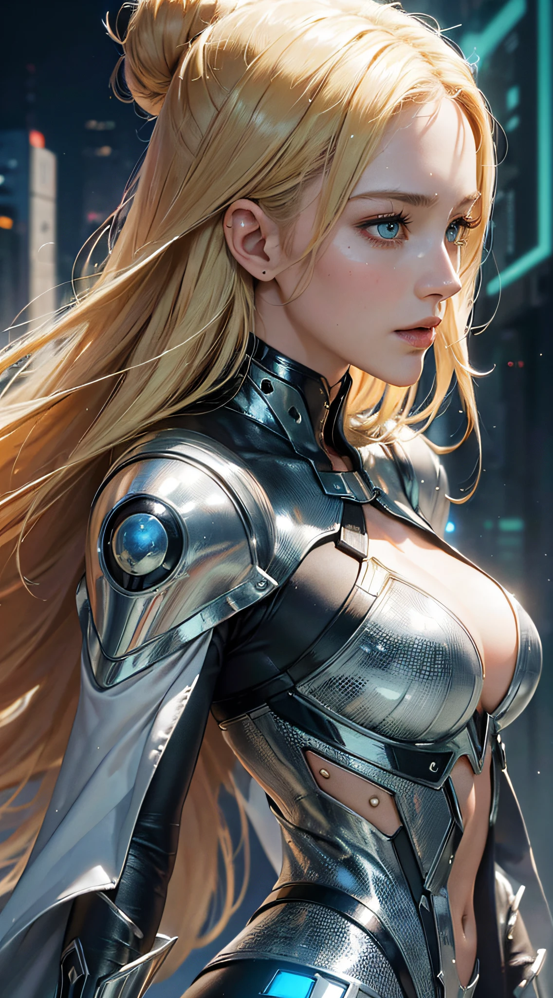Masterpiece, best quality, movies, movie wallpapers, very detailed CG unified 4k wallpapers, intricate details, colored background, upper body, facial focus, concept art, ( , highres, (realistic, photo-realistic:1.2), physically-based rendering, machinery, reflection, realistic, cyberpunk, Symmetric Front View Close Up Head Shot Eyes Symmetry Face Very Sharp Focus Realistic Award Winning Matte Drawing Movie Light Mecha, (Illustration: 1.1), Slim, Fair Skin, Delicate Face, King Robe, Shine, Tights, (Long Blonde Hair), Green Eyes, Battlefield, Chip, Shine, Sword --auto --s2