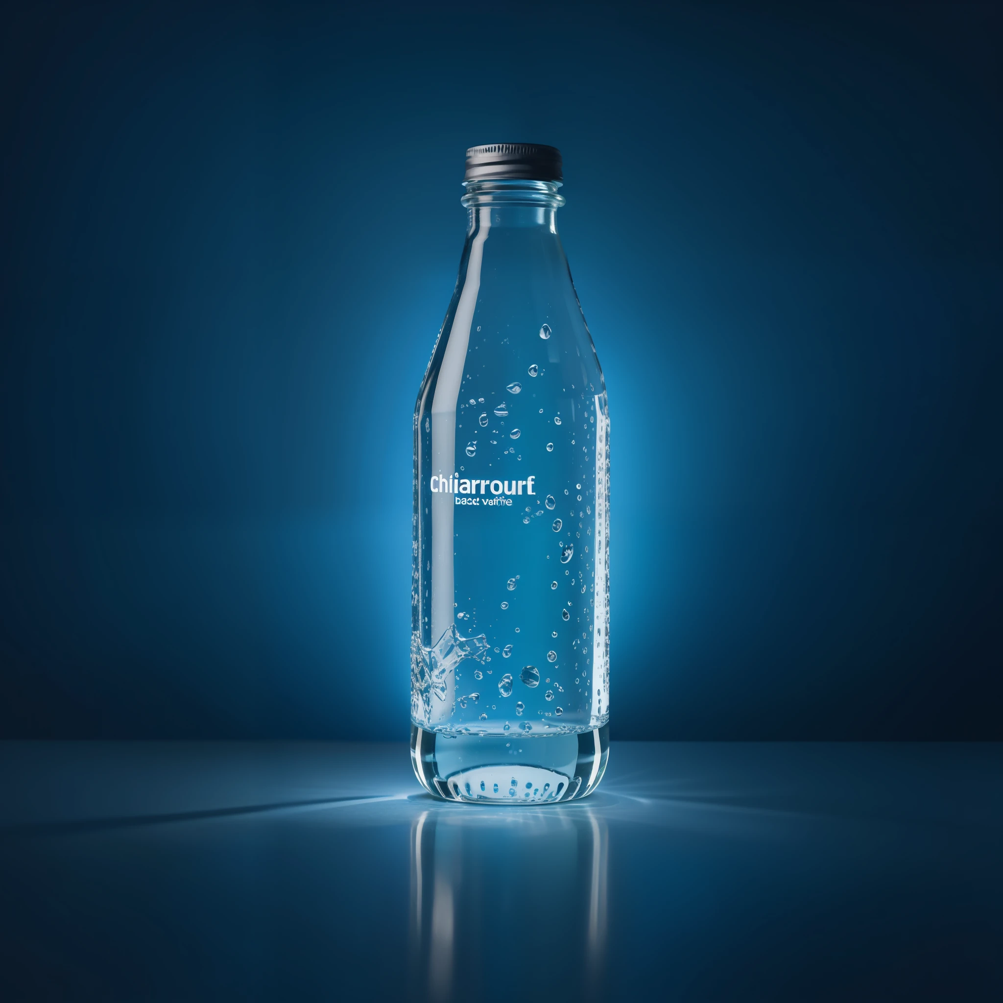 Bottled water, advertising, clear bottle, dark background, f/2.8, caustic, subjective perspective, chiaroscuro, backlight.