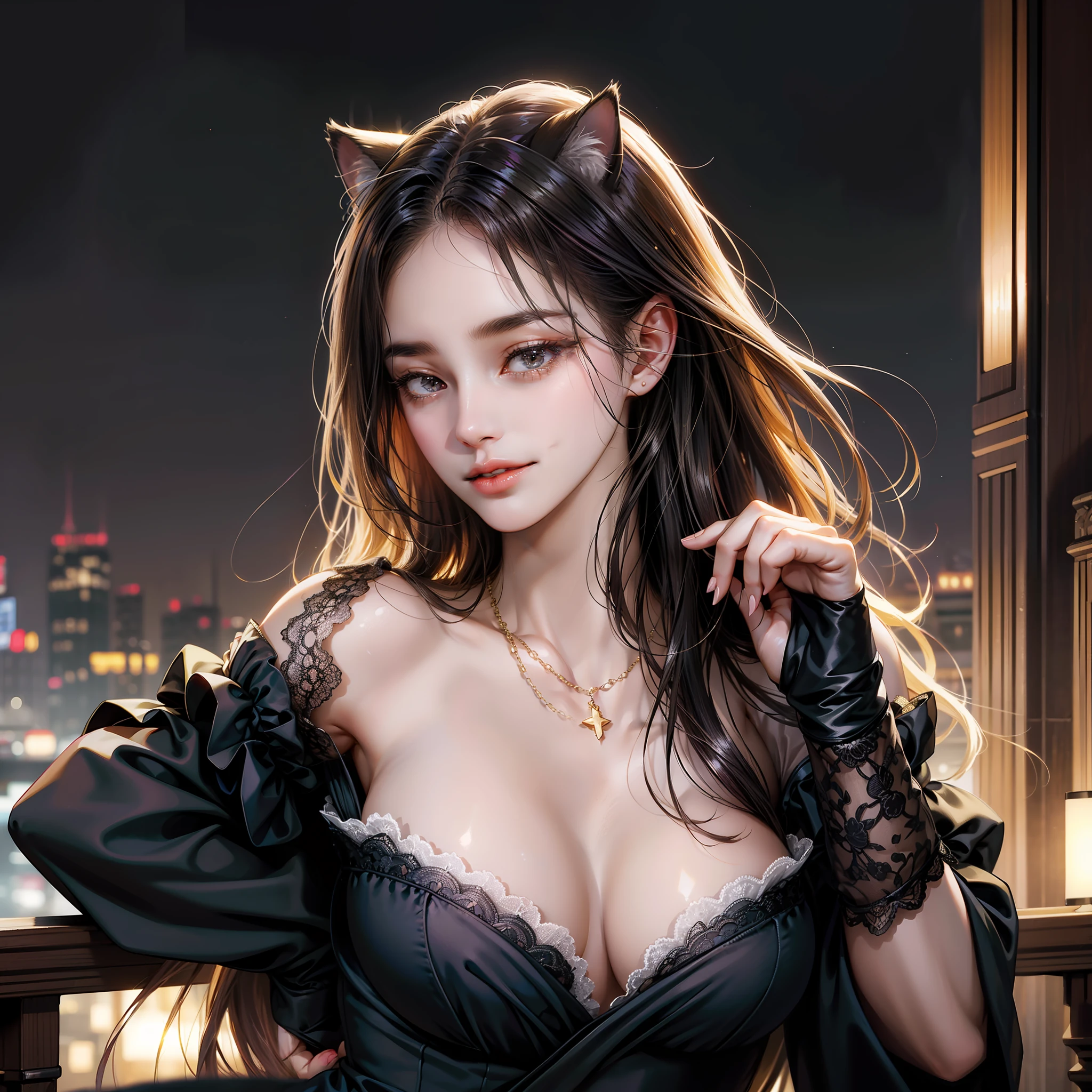 (absurd, high resolution, super detail), face close-up, face emphasis, face-oriented, single woman, long straight hair, shiny beautiful hair, beautiful skin, luscious skin, beautiful eyes, big eyes, with bangs, long sleeves, eye highlights, unbroken hands, rich lighting, large breasts, pale pink lips, by high definition CG Uniform 8K Wallpaper, Attention to Detail, Portrait, Gaze, Solo, Half Shot, Detailed Face, Smile, Dynamic Pose, (Modern Japanese Subject: 1. 1), Cat Ear, Black Dress, Black Gloves, Lace Dress, Contemporary Subject, (Thriving Civilization: 1.1), (Pure White: 1.1) Building, Neon, Roppongi Dancing lights, Kabukicho, Japanese landscape, fantasy, romantic, austere, night, darkness, stars, portrait, film lighting, necklace, date scene