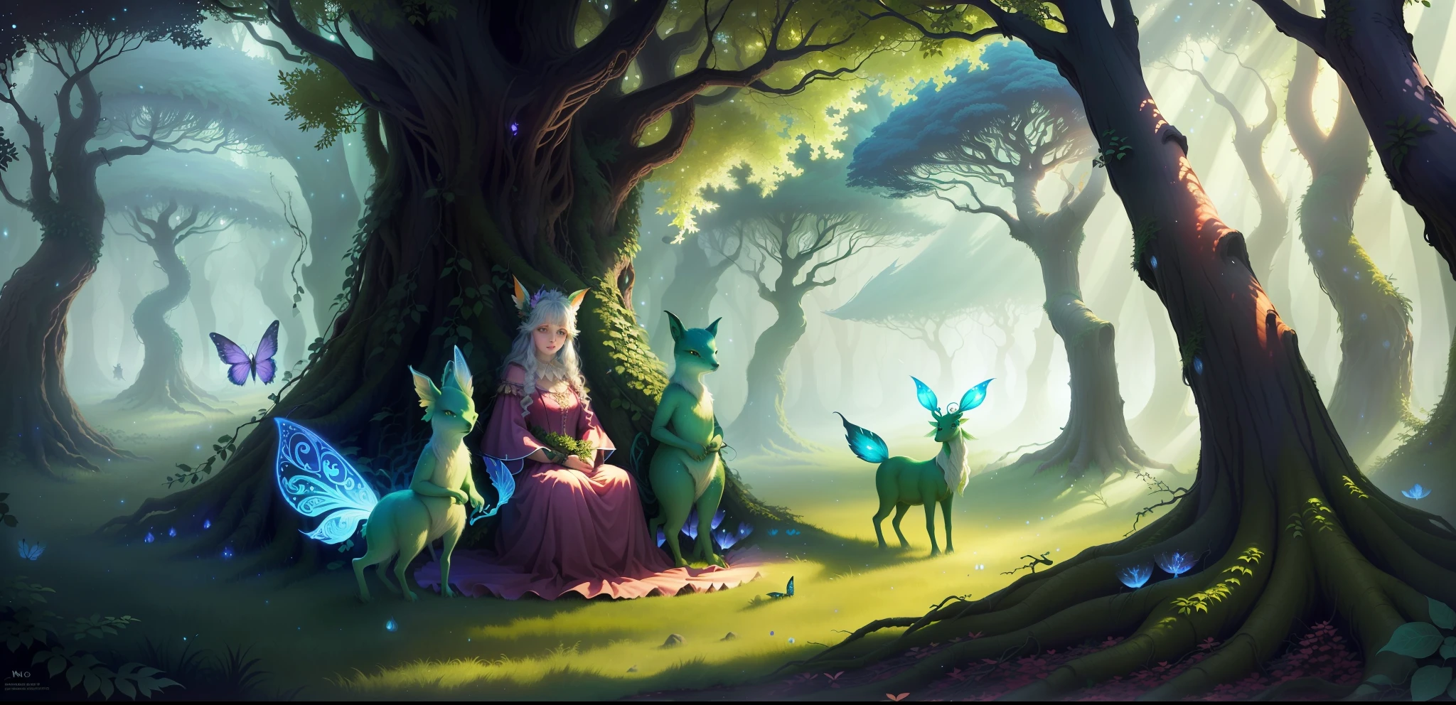 "Fantastic Forest Creatures": NFT art depicting the coexistence of sparkling fairies and mysterious creatures in a magical forest. The trees and plants are also shining, and their beauty stands out.