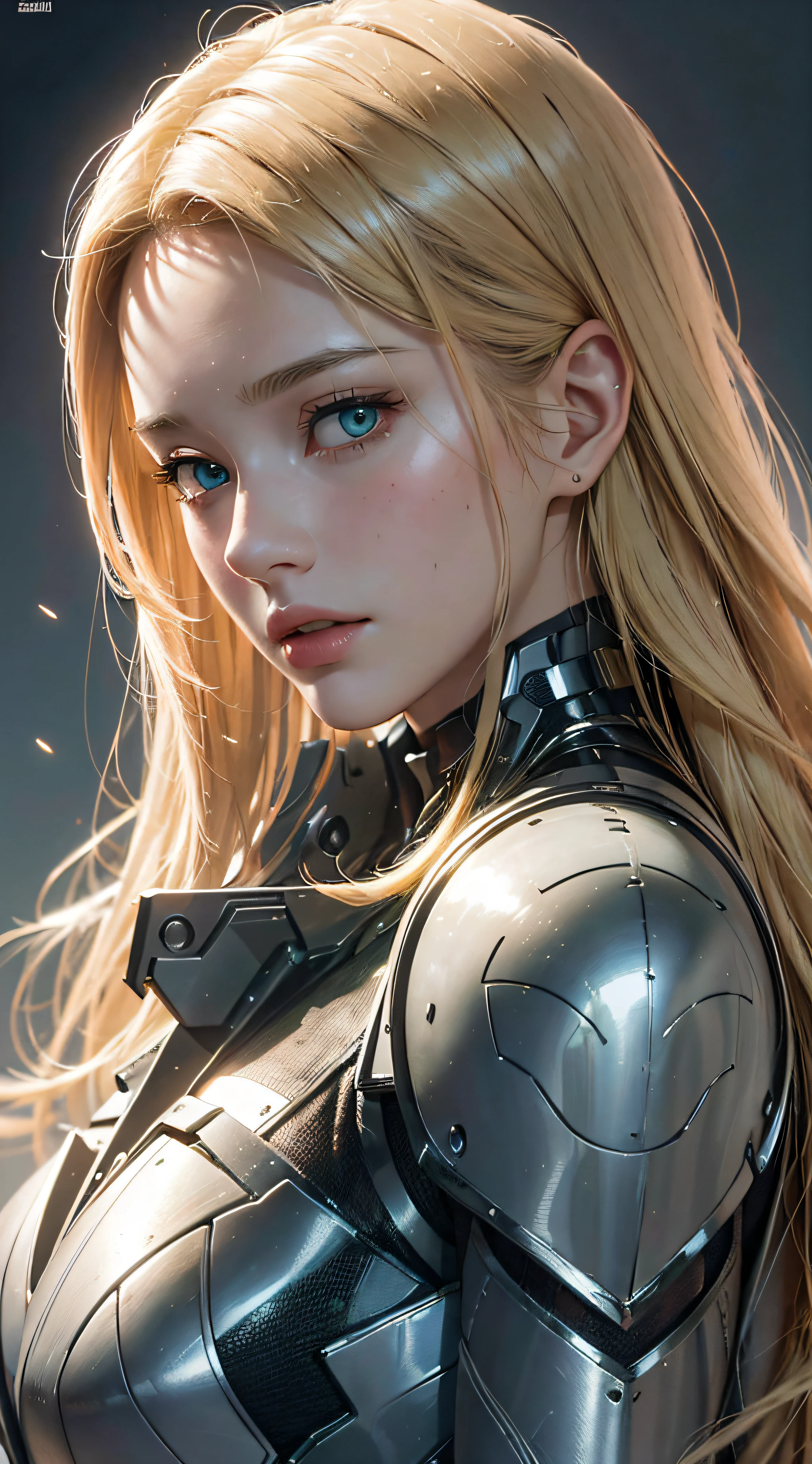 Masterpiece, best quality, movies, movie wallpapers, very detailed CG unified 4k wallpapers, intricate details, colored background, upper body, facial focus, concept art, ( , highres, (realistic, photo-realistic:1.2), physically-based rendering, machinery, reflection, realistic, cyberpunk, Symmetric Front View Close Up Head Shot Eyes Symmetry Face Very Sharp Focus Realistic Award Winning Matte Drawing Movie Light Mecha, (Illustration: 1.1), Slim, Fair Skin, Delicate Face, King Robe, Shine, Tights, (Long Blonde Hair), Green Eyes, Battlefield, Chip, Shine, Sword --auto --s2