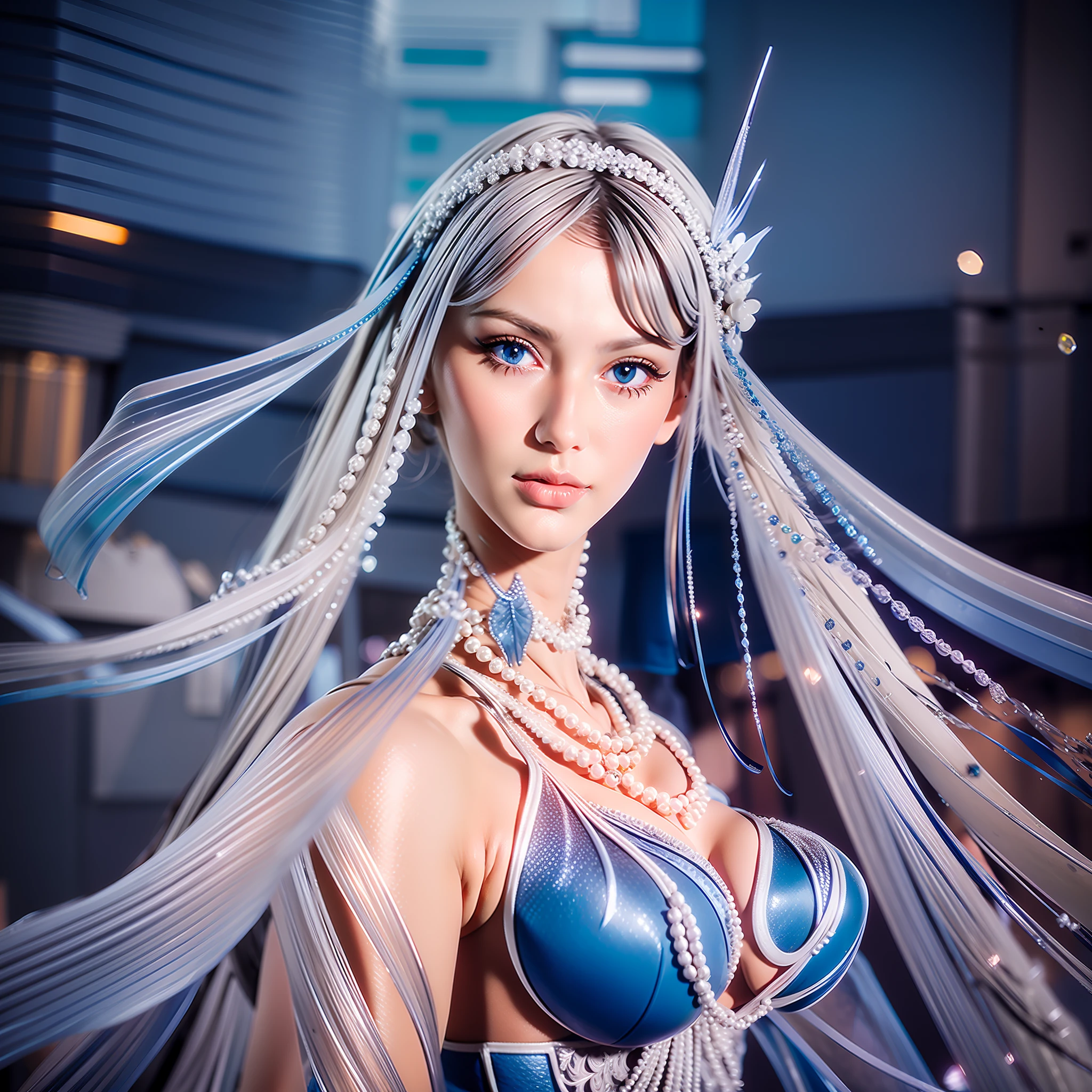 30 years age Woman, white long hair, elegant long y blue dress, Stand inside the underwater city buildings, Smile, face beauty, pearl necklace, wearing a mermaid headband, blue nail polish, blue eyes with a piercing gaze, close up