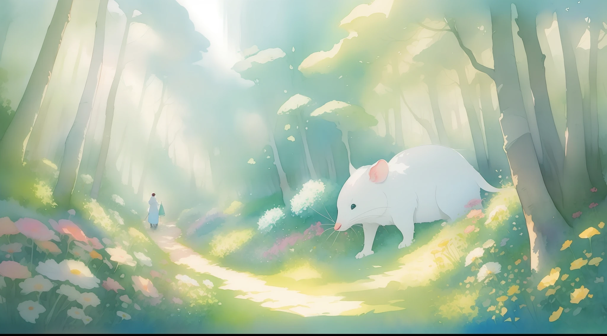 Big white mouse, watercolor brush delicate lines, book illustrations, forest, whimsical and charming, soft pastel colors, dreamy and magical, detailed illustration, hand drawn, watercolor texture, lush trees, light from the abyss