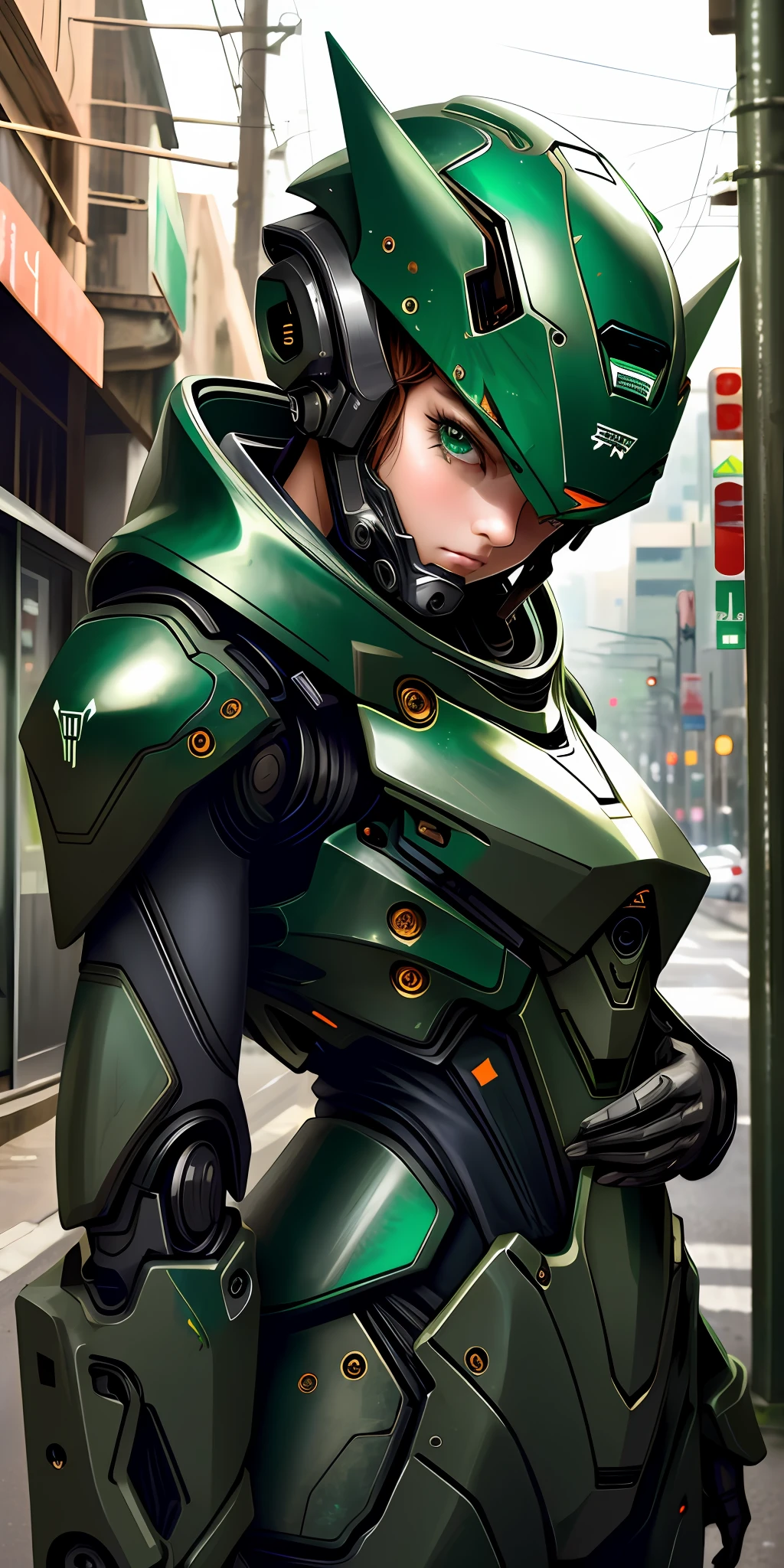 Cute female portrait photo, perfect eyes, worn mecha exo suit, (((light bokeh)), complex, (green painted steel metal [rust]), elegant, sharp focus, soft lighting, vivid colors, masterpiece, (((street)), detailed face, beetle motif
