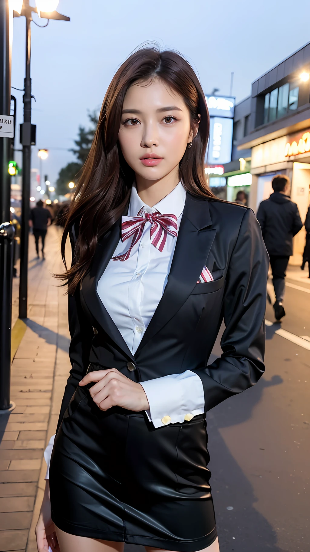 ((Best quality, 8k, Masterpiece :1.3)), full body, Sharp focus: 1.2, perfect body beauty: 1.4, slender abs: 1.2, ((dark brown hair, big breasts: 1.2)), pink JK uniform: 1.1, (Night City, Streets: 1.1), highly detailed facial and skin textures, detailed eyes, double eyelids