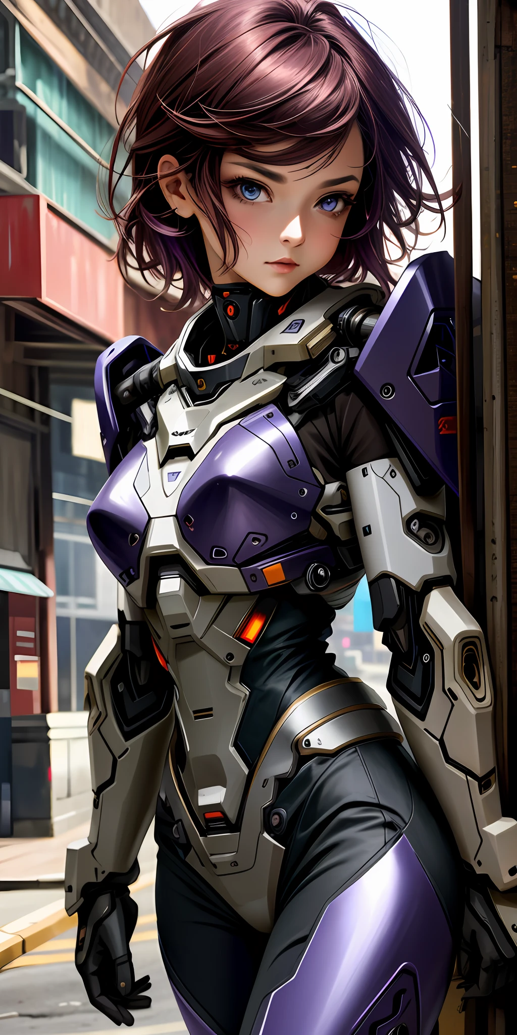 Portrait photo of a cute woman, perfect eyes, worn mecha exosuit, (light bokeh)), complex, (purple painted steel metal [rust]), elegant, sharp focus, soft lighting, vivid colors, masterpiece, (((street)), detailed face, beetle motif