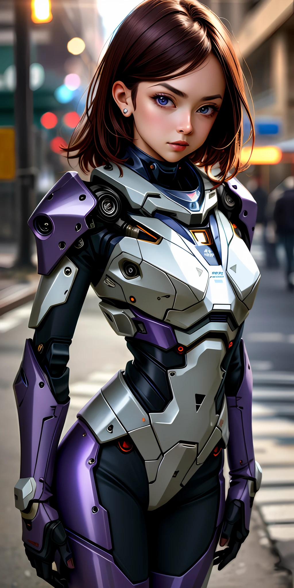 Portrait photo of a cute woman, perfect eyes, worn mecha exosuit, (light bokeh)), complex, (purple painted steel metal [rust]), elegant, sharp focus, soft lighting, vivid colors, masterpiece, (((street)), detailed face, beetle motif