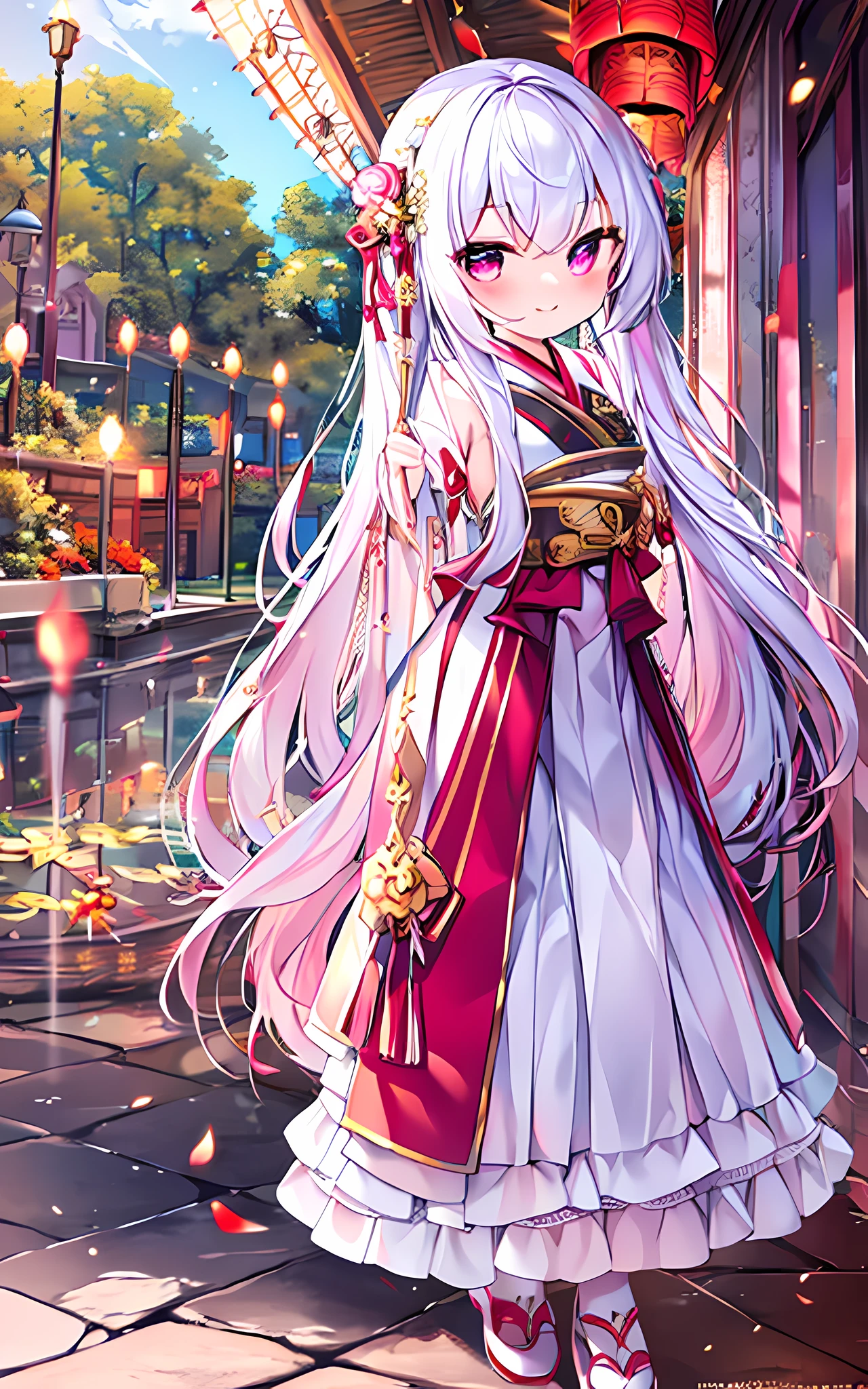 highly detailed,ultra-detailed,best quality,illustration,(Best character details:1.36),very close to viewer
beautiful ancient palace background,Exquisite architecture,(delicate background),(Soft glow:0.8),{bloom},sunlight,red lantern,fireworks, pink flower,
1girl,solo,full body,age:7,loli,(loli:1.8),(girl:0.4),standing,arms behind back,{{smirk}}, dynamic angle,looking at viewer,{{cute}},cute face,narrow waist,(breast:0.9)
beautiful white hair,long hair,floating hair,{{{pink eyes}}},bright_eyes,gradient_eyes,{{zoom in eyes}},Enlarge Eyes
(gorgeou hanfu|white:1.65|red:0.15|golden lace),white stockings,hair ornament,white hair_ribbon,