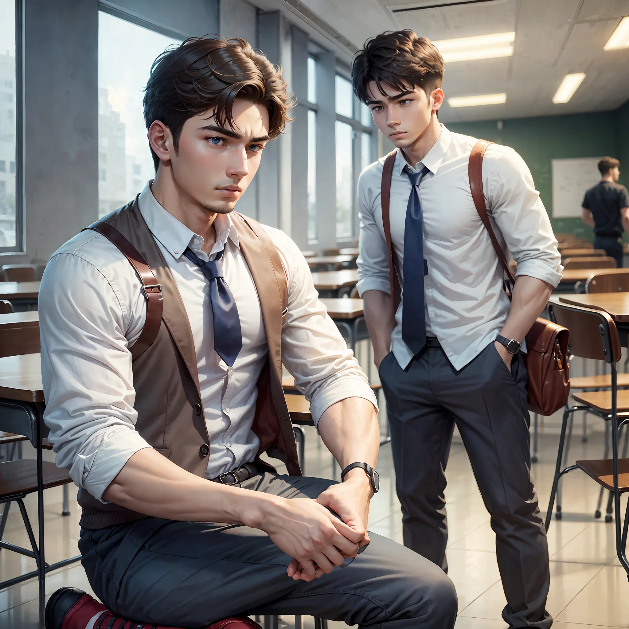 Masterpiece, 2 people, in the classroom, a weak boy (brunetize, 20 years old, weak, student, slightly fat), (((helping someone tie his shoes)))), a handsome boy (brunet, 20 years old, weak, student, domineering) standing in front of him, classmates mocking, (modern preppy style, drama, humor, exaggeration), 8k, HD, HD, high saturation, surreal, high resolution