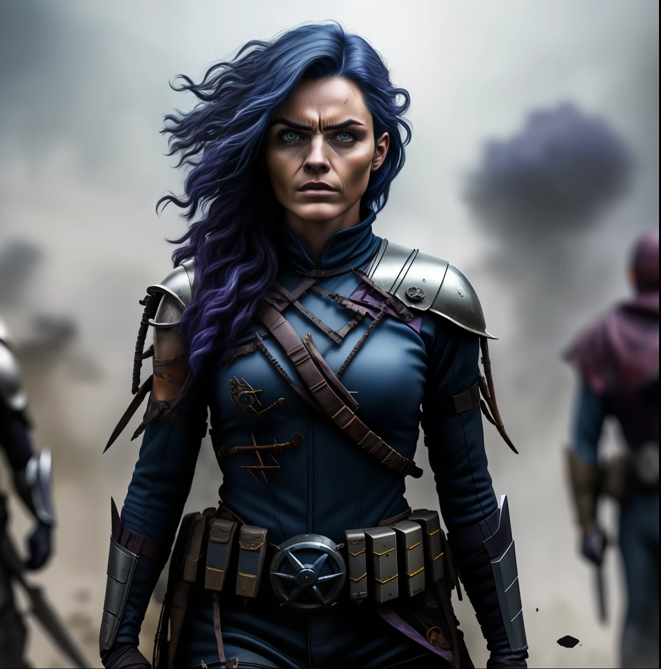 A superhero with dark blue hair, dark purple clothing, bright, imposing, post apocalyptic scenery, 4k, realism, high definition, professional, intricate details, realistic photo. 8k, realistic photo, ambient light.