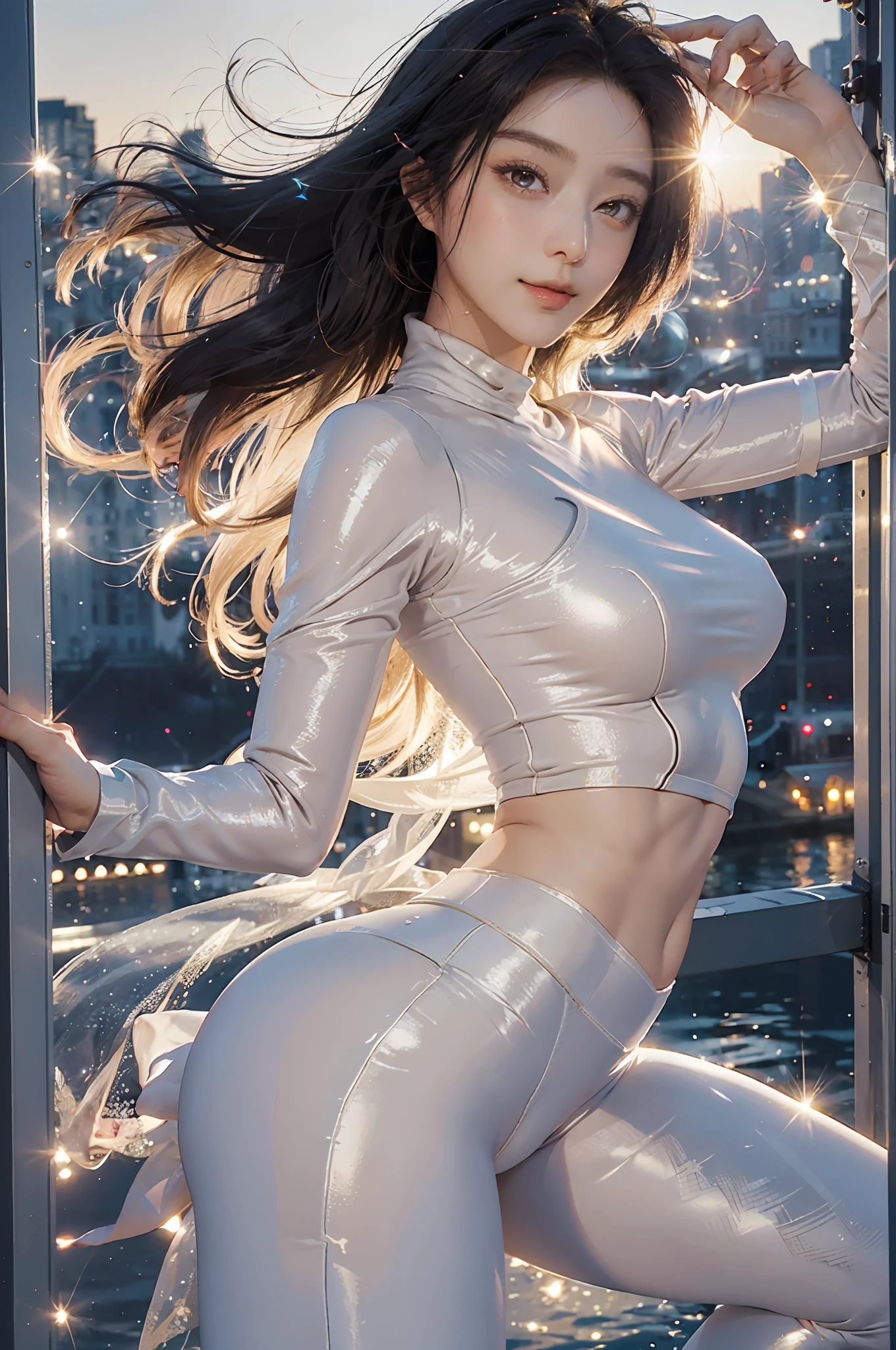 woman, reality, star, (white transparent yoga pants), (lips slightly open, light smile), (shiny skin: 1.1), blush, (looking at the audience), (see-through, bodybuilding), (tilting back), (city, river, night light), masterpiece, highest quality, high resolution, absurdity, realistic,
