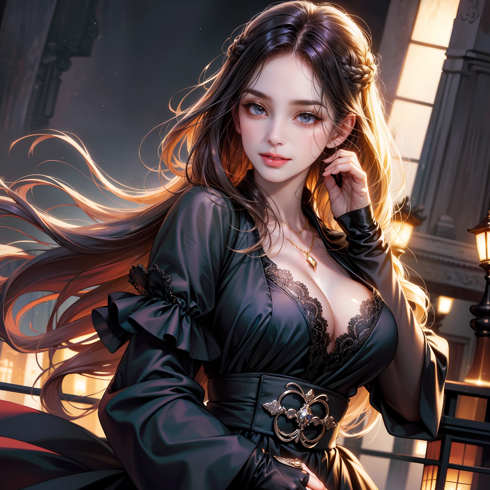 (absurd, high resolution, super detail), face close-up, face emphasis, face-oriented, single woman, long straight hair, shiny beautiful hair, beautiful skin, luscious skin, beautiful eyes, big eyes, with bangs, long sleeves, eye highlights, unbroken hands, rich lighting, large breasts, pale pink lips, by high definition CG Uniform 8K Wallpaper, Attention to Detail, Portrait, Gaze, Solo, Half Shot, Detailed Face, Smile, Dynamic Pose, (Contemporary Japanese Subject: 1. 1), Black Dress, Black Gloves, Lace Dress, Contemporary Subject, (Thriving Civilization: 1.1), (Pure White: 1.1) Building, Neon, Roppongi Kabukicho, Japanese landscape, fantastic, romantic, dance of light, austerity, night, darkness, stars, portrait, film lighting, necklace, date scene