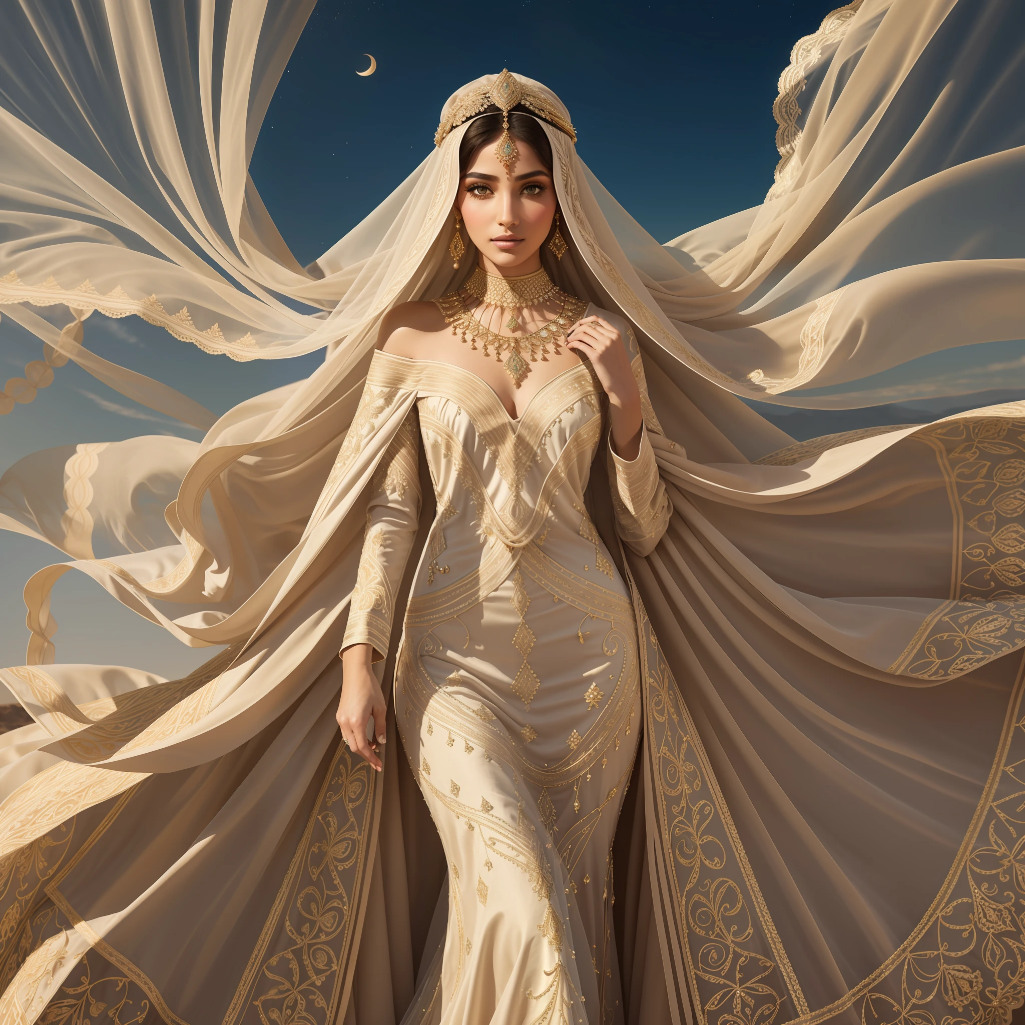 intricate digital illustration of the "Empty Quarter Bride" wearing a modest dress and a face cover, representing the traditional customs and values of the Arabian Peninsula. She is depicted with grace and elegance, symbolizing the beauty that lies beneath the veil.

The bride is dressed in a (flowing, long-sleeved gown)1.2 made from luxurious fabrics, showcasing intricate (embroidery)1.4 and delicate (lace)1.3 details. The dress is designed to cover her entire body, exemplifying modesty and refinement.

Her head is adorned with a (decorative headpiece)1.2, featuring (subtle embellishments)1.3 that complement her attire. A sheer (face cover)1.4 is worn, revealing only her eyes, adding an aura of mystery and intrigue.

Her eyes are captivating, accentuated with (subtle eye makeup)1.2 that highlights their natural beauty. Her lips are adorned with a soft, (neutral shade)1.3, enhancing her features while maintaining a modest appearance.

The background portrays the vast expanse of the Empty Quarter desert, with (sand dunes)1.4 stretching endlessly under a serene sky. The golden hues of the setting sun cast a warm and enchanting glow.

Overall, the illustration celebrates the Empty Quarter Bride's traditional values, showcasing her beauty, grace, and adherence to modesty. It captures the rich cultural heritage of the Arabian Peninsula and the captivating allure of the bride's concealed beauty.