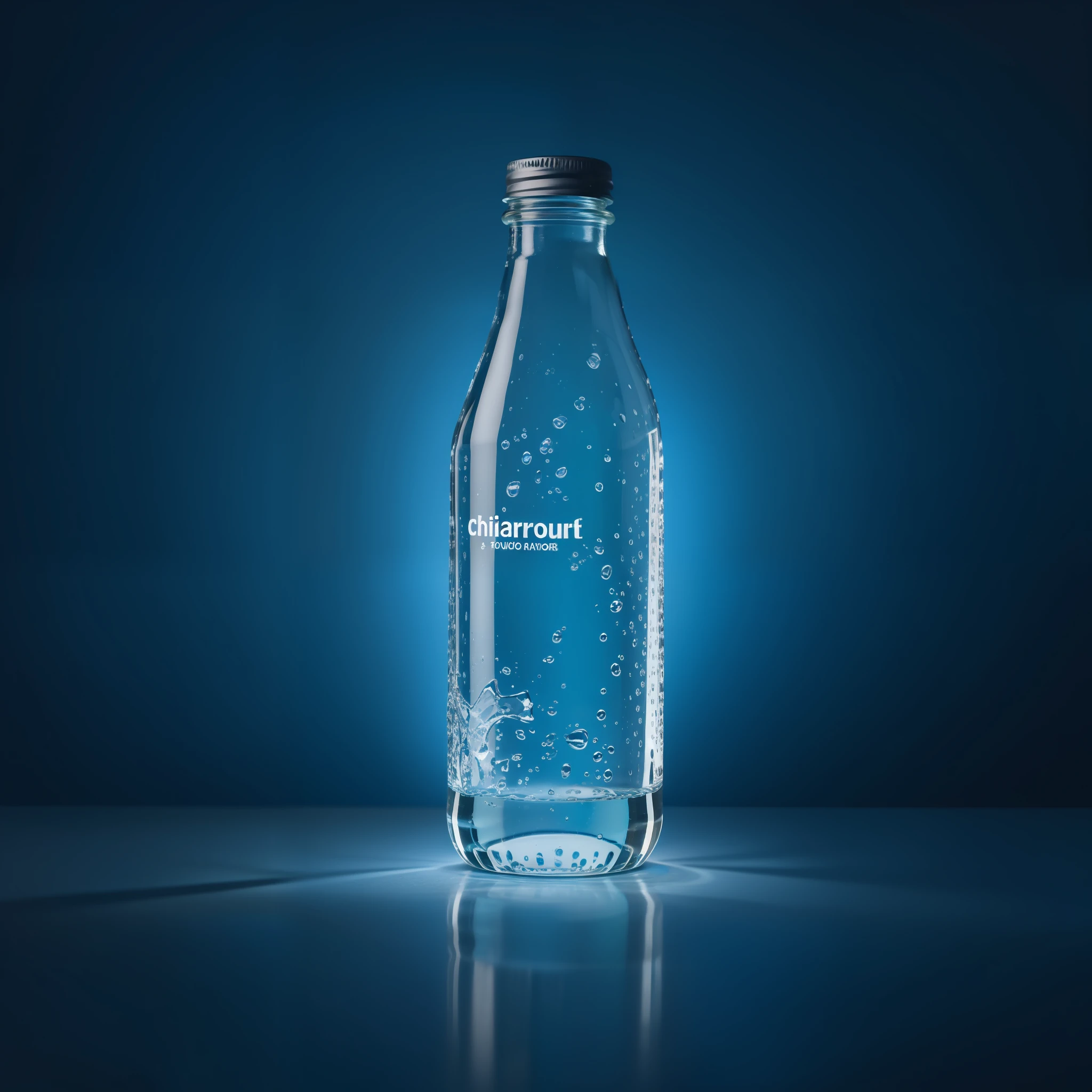 Bottled water, close-up, advertising, transparent bottle, dark background, f/2.8, caustic, subjective perspective, chiaroscuro, backlight.
