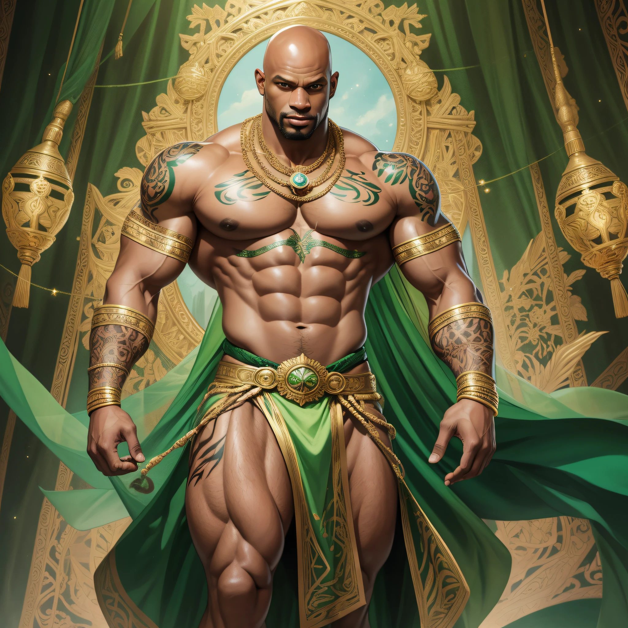 character portrait painting including full-length body image, huge muscular physique, handsome bald Jamaican, longshot, naked male in Arabian Nights costume, visible alien tattoos on huge muscular thighs chest and shoulders, loos elaborate kimono-style skirt, green pink gold, a magical symbol woven in gold thread into his clothing, action hero, intricate and detailed drawing