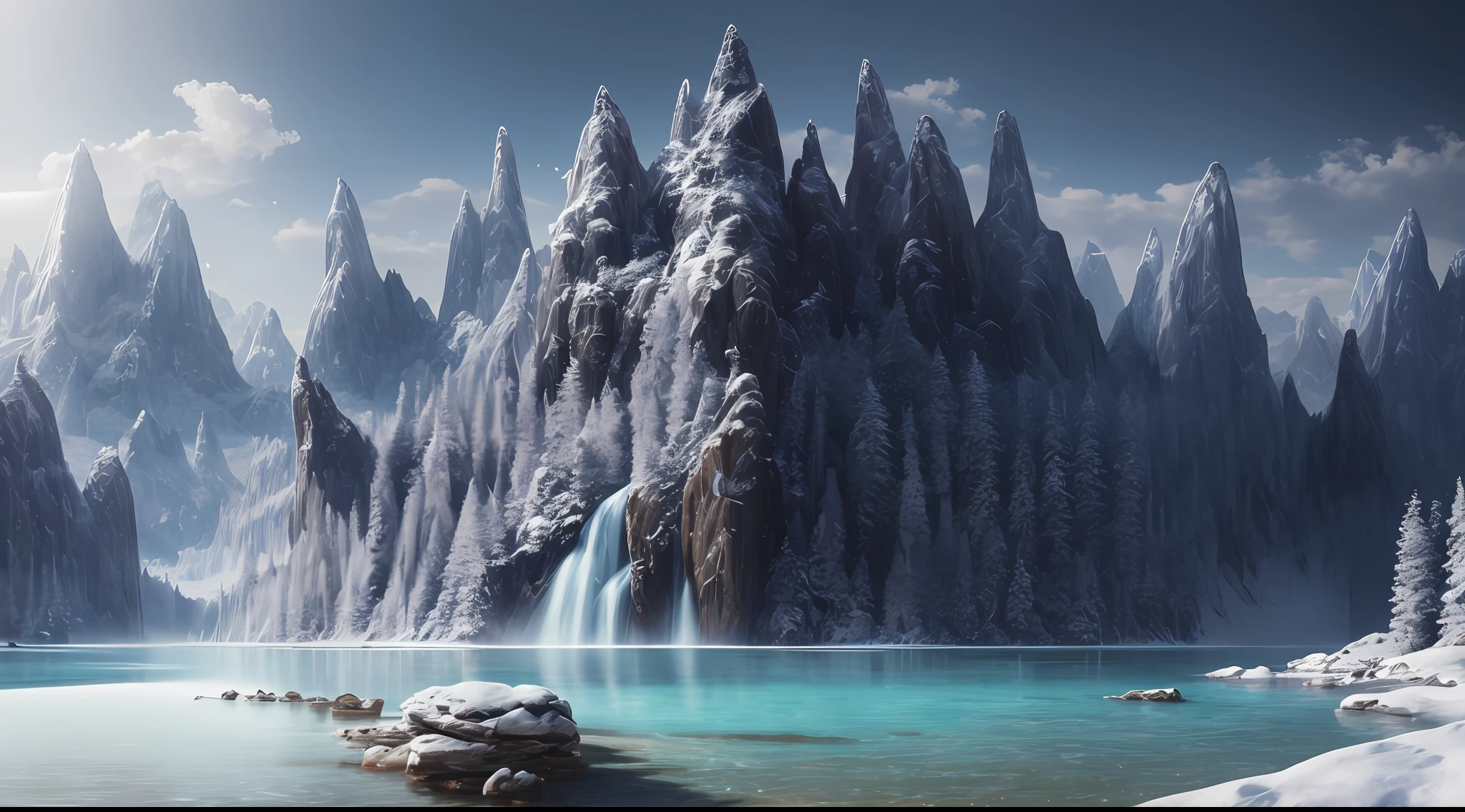 Masterpiece, Best Quality, High Quality, Highly Detailed CG Unity 8k Wallpaper, Halla Mountain, Snow, Winter, Outdoor, Sky, Day, Landscape, Water, Trees, Blue Sky, Waterfall, Nature, Lake, River, Cloudy Sky, Award Winning Photo, Bokeh, Depth of Field, HDR, Bloom, Chromatic Aberration, Photorealism, Very Detailed, Trending at Artstation, Trend at CGsociety, Complex, High Detail, Dramatic, Art of Medium Travel
