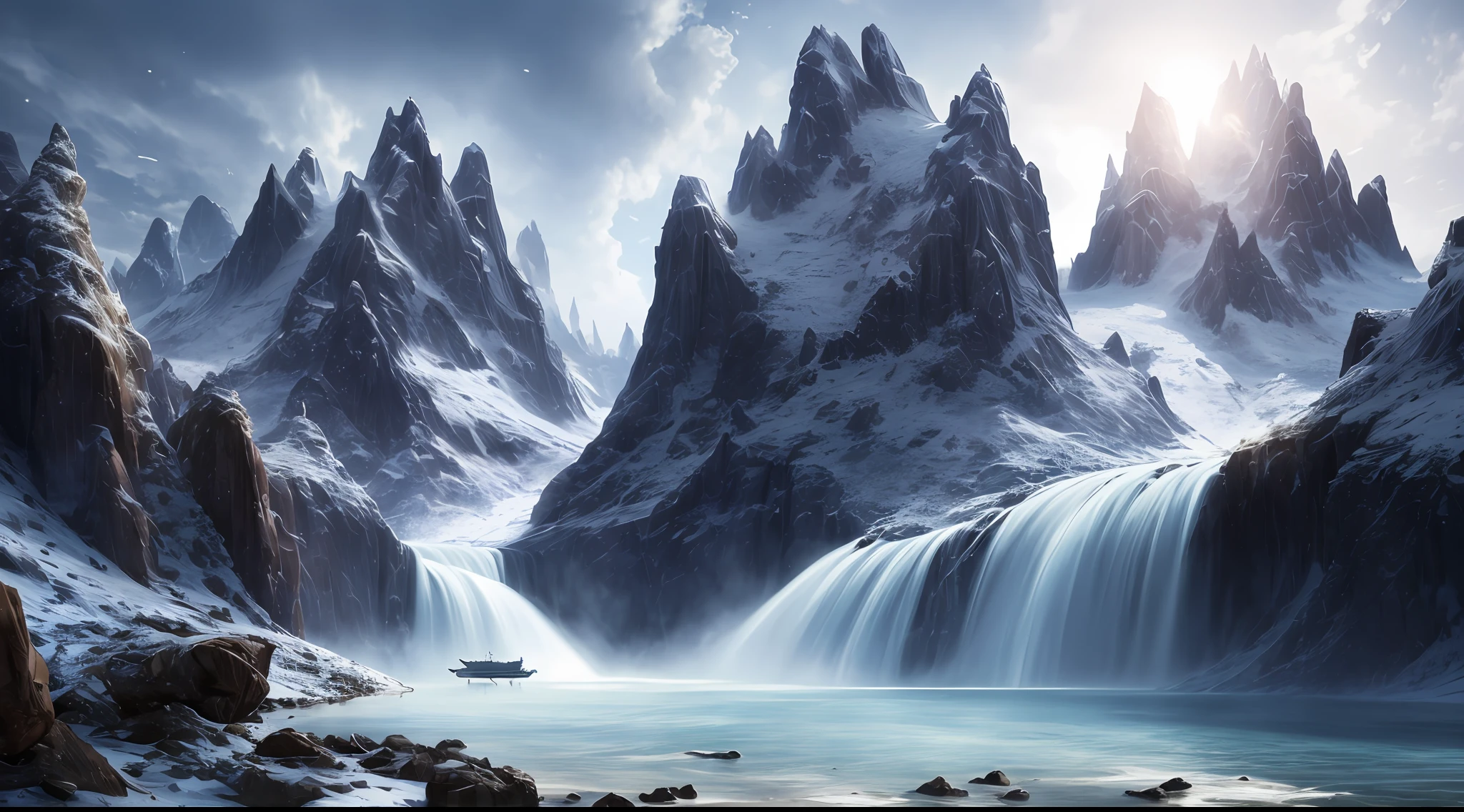 Masterpiece, Best Quality, High Quality, Highly Detailed CG Unity 8k Wallpaper, Halla Mountain, Snow, Winter, Outdoor, Sky, Day, Landscape, Water, Trees, Blue Sky, Waterfall, Nature, Lake, River, Cloudy Sky, Award Winning Photo, Bokeh, Depth of Field, HDR, Bloom, Chromatic Aberration, Photorealism, Very Detailed, Trending at Artstation, Trend at CGsociety, Complex, High Detail, Dramatic, Art of Medium Travel