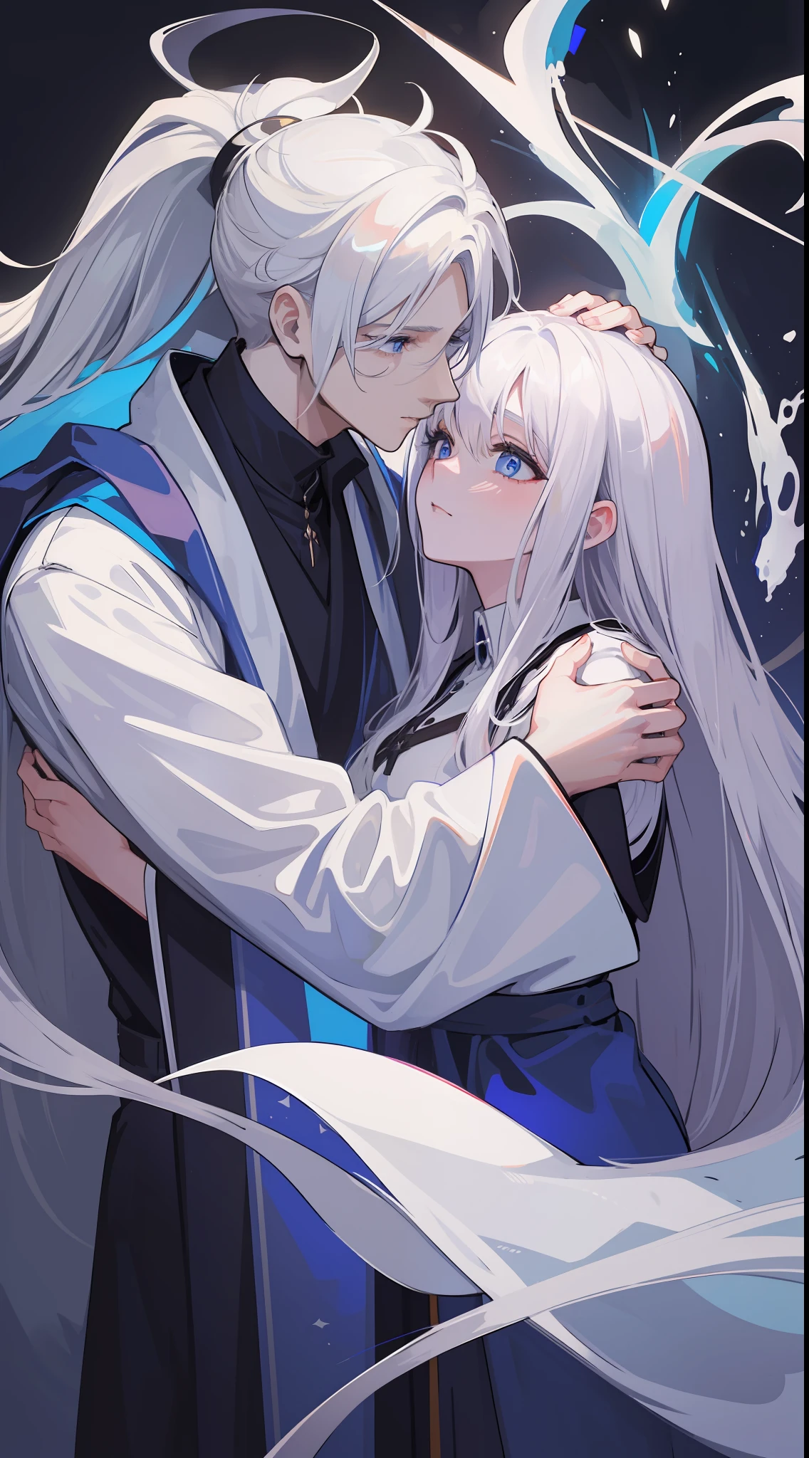 1man, sharp blue eyes with sharp pupils, white sharp hair and he was wearing black wizard robes and, intimate hug and going to kiss with his lovely wife ((41 year old face))