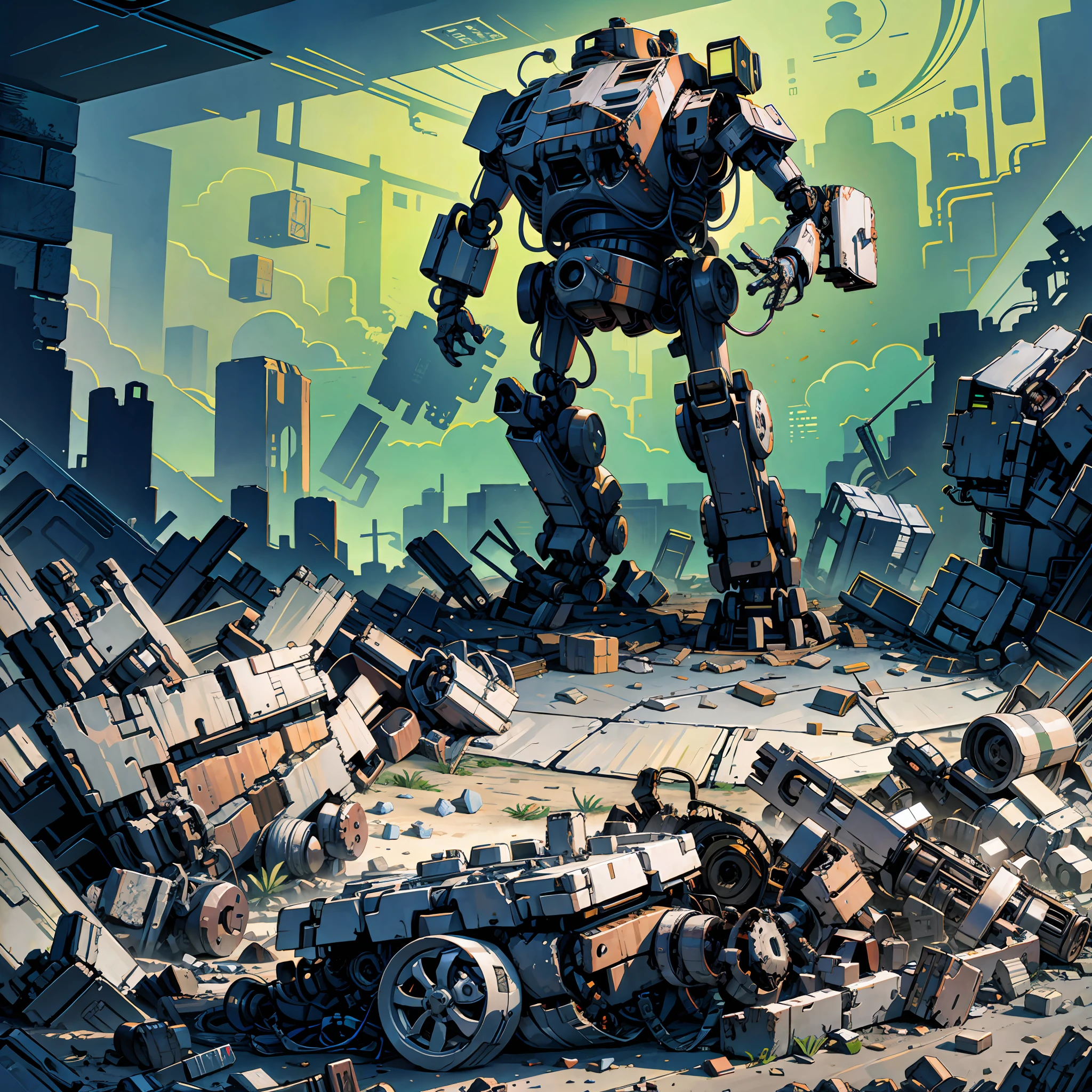 Robot wreckage on the floor, broken parts, overlook view, movie concept art --auto --s2
