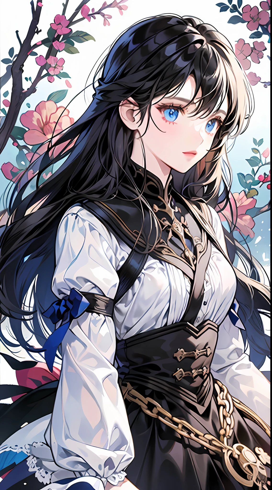 A long black hair, blue eyes, skirt, simple girl, capable, attention to detail, white background, looking at the camera, front, half, highest quality, 8K