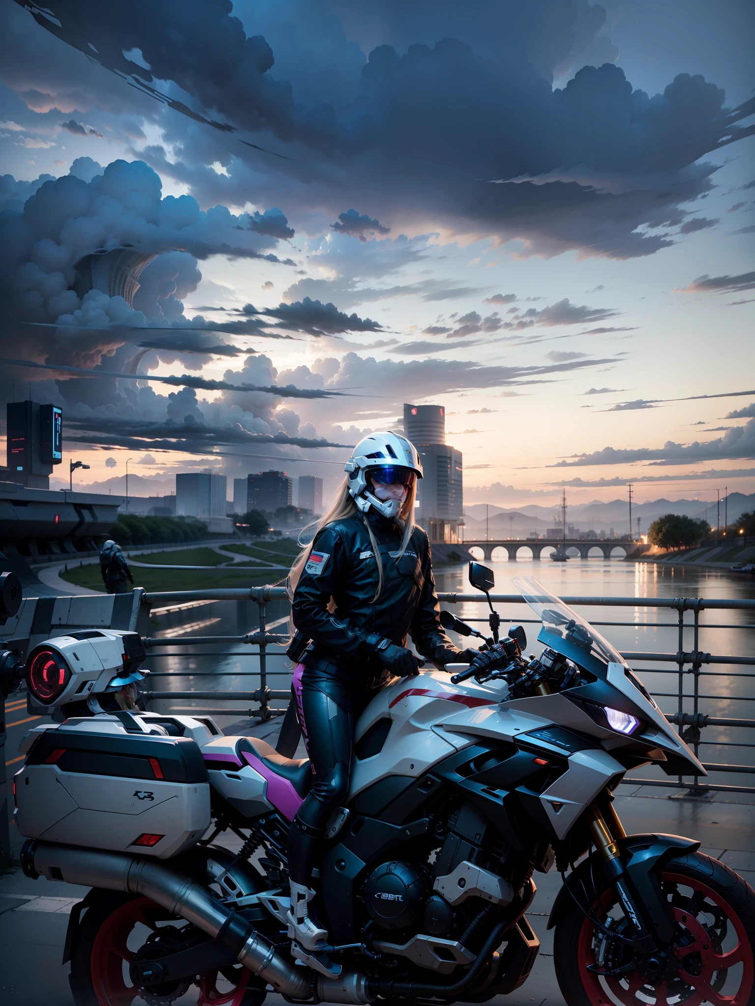 Long flowing blonde hair and white cybertech helmet