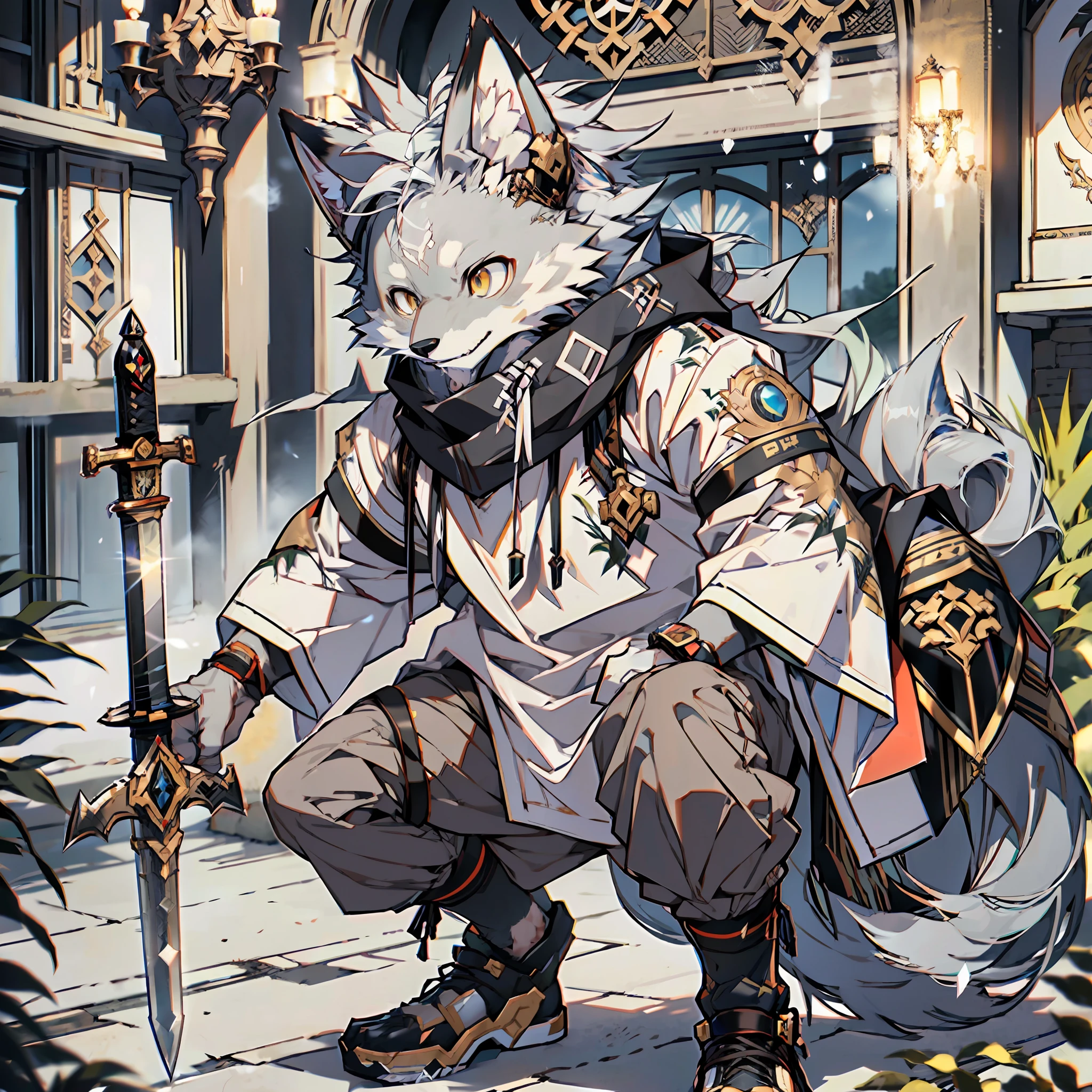 (Best Quality), (Masterpiece), ((Single 1.5)), (Ultra Detailed), (Furry), Full Body Furry, Furry, (Male Arctic Fox: 1.5), (Gray Skin: 1.3), (Gray Fur: 1.3), (Fluffy Tail: 1.2), Character Focus, (Golden Eyes), (Canine Paws), (Gray Ears), Sharp Focus, (Furry Animal Ears), ((Armor)), ((Sword)), ((monster_ hunter_style))