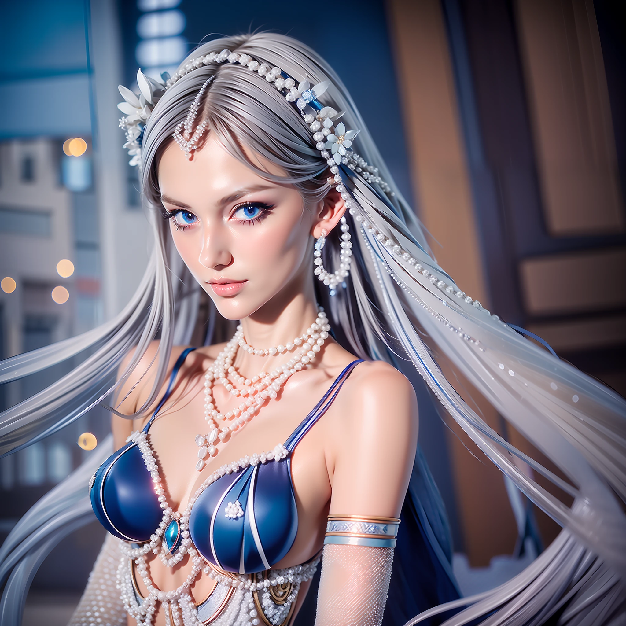 30 years age Woman, white long hair, elegant long sexy blue dress, Stand inside the underwater city buildings, Smile, face beauty, pearl necklace, wearing a mermaid headband, blue nail polish, blue eyes with a piercing gaze, close up